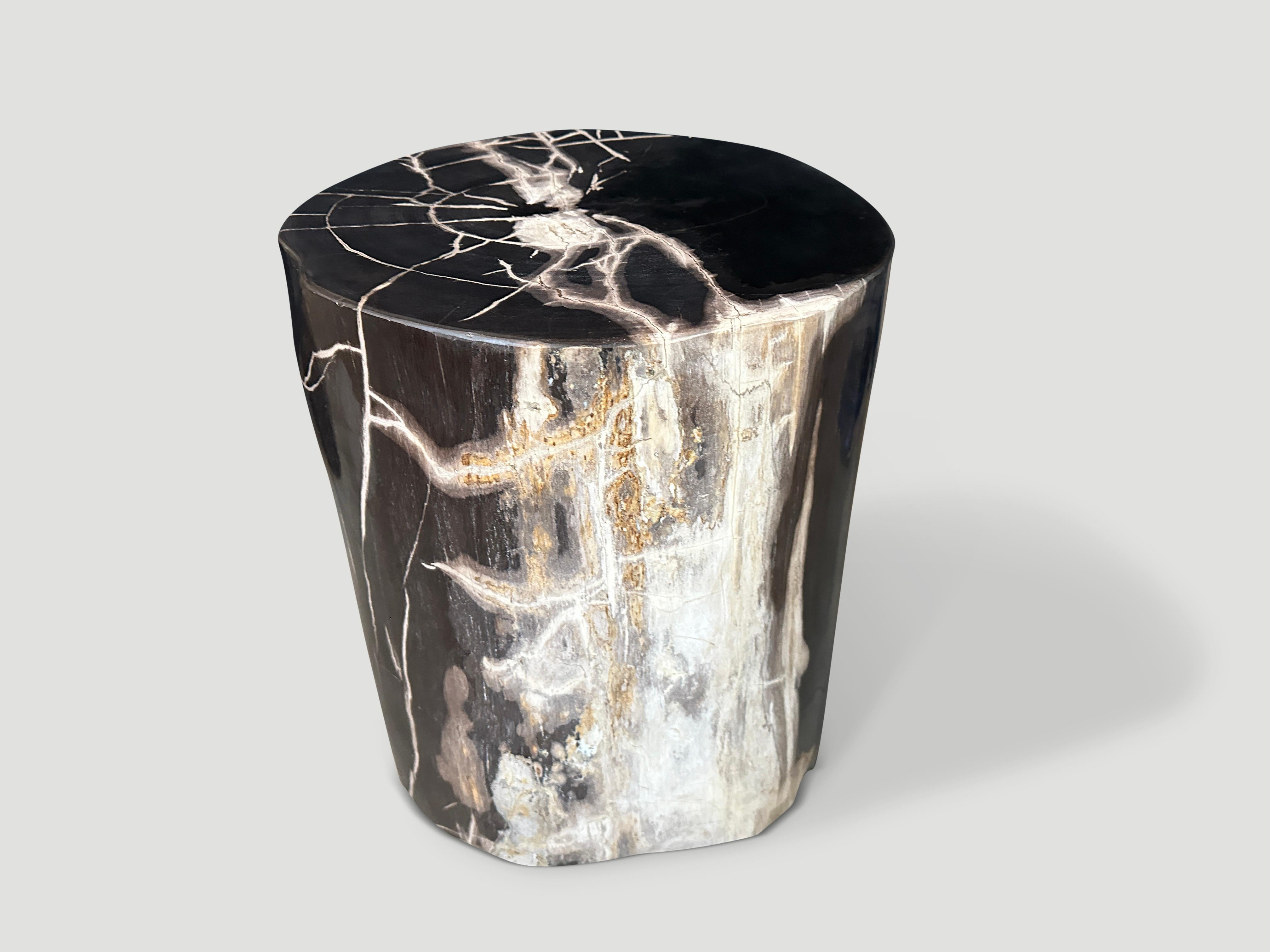 Beautiful dramatic tones and markings on this impressive high quality petrified wood side table. It’s fascinating how Mother Nature produces these exquisite 40 million year old petrified teak logs with such contrasting colors and natural patterns
