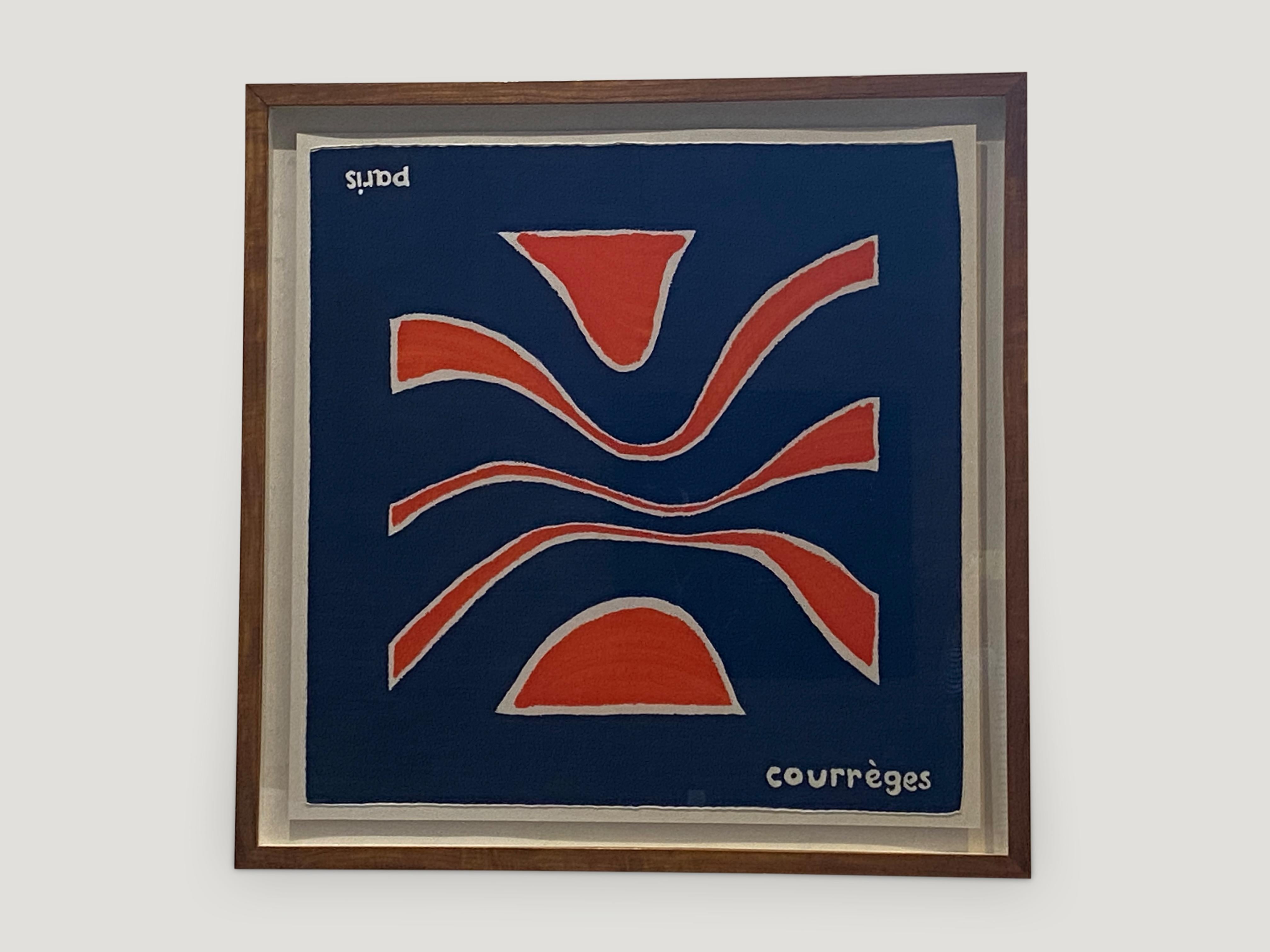 Rare, vintage Courrèges silk scarf in excellent condition found in Paris, France. Features bold contrasting colors in this beautiful abstract silk vintage scarf from Courreges. Set in a modern natural teak box frame.

Andrianna Shamaris. The