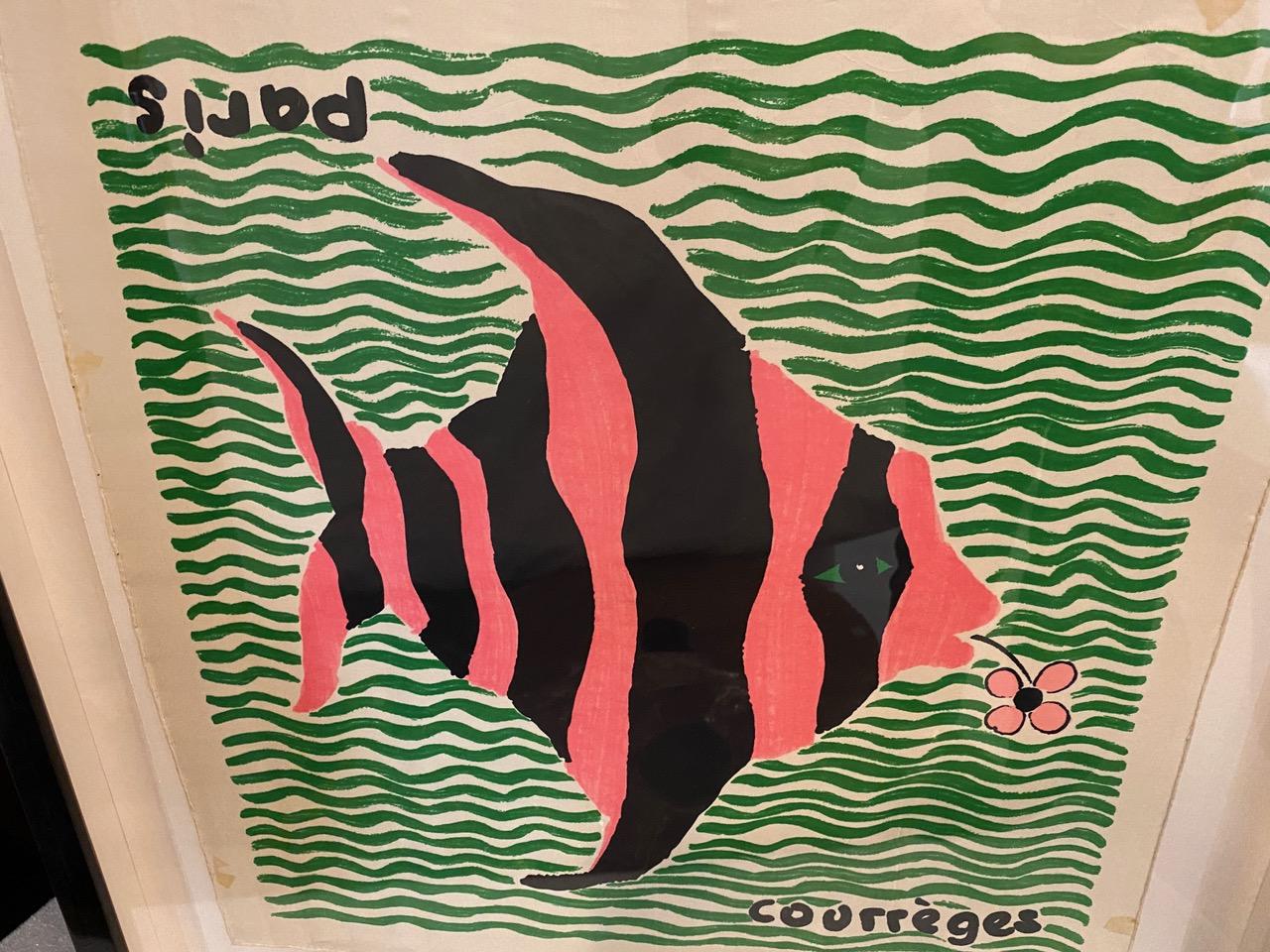 Rare, vintage Courrèges silk scarf in excellent condition from Paris, France, featuring bold contrasting colors in this stunning fish abstract design. Set in a modern black teak box frame.

Andrianna Shamaris. The Leader In Modern Organic Design.