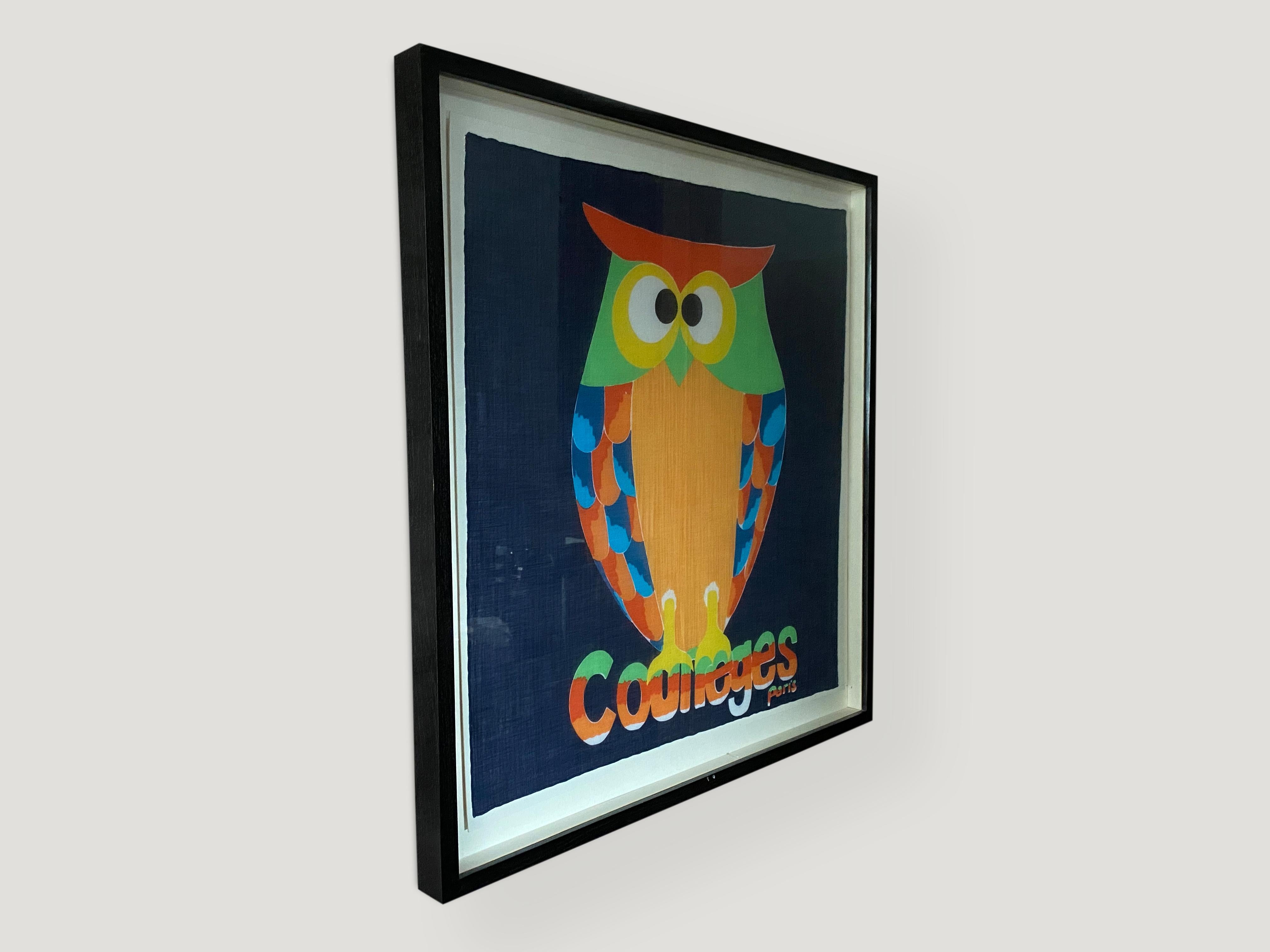 Rare, vintage Courrèges cotton scarf in excellent condition found in Paris, France. Features bold pop-art style owl sitting on the Courrèges Paris logo. Set in a modern espresso teak box frame.
Andrianna Shamaris. The Leader In Modern Organic