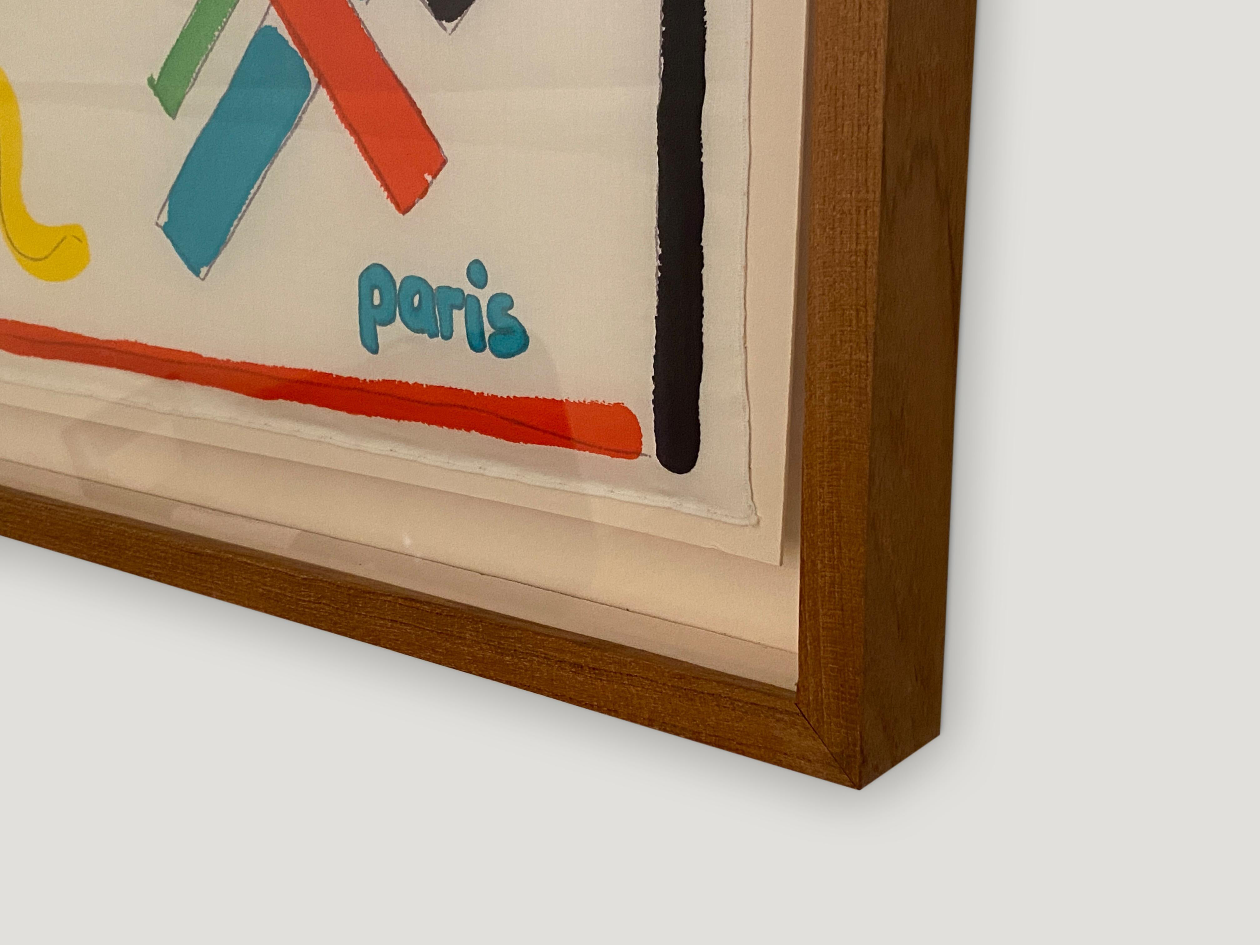 Rare, vintage Courrèges silk scarf in excellent condition found in Paris, France. Features bold pop-art style colors and shapes with the Courrèges logo. Set in a modern natural teak box frame.

Andrianna Shamaris. The Leader In Modern Organic