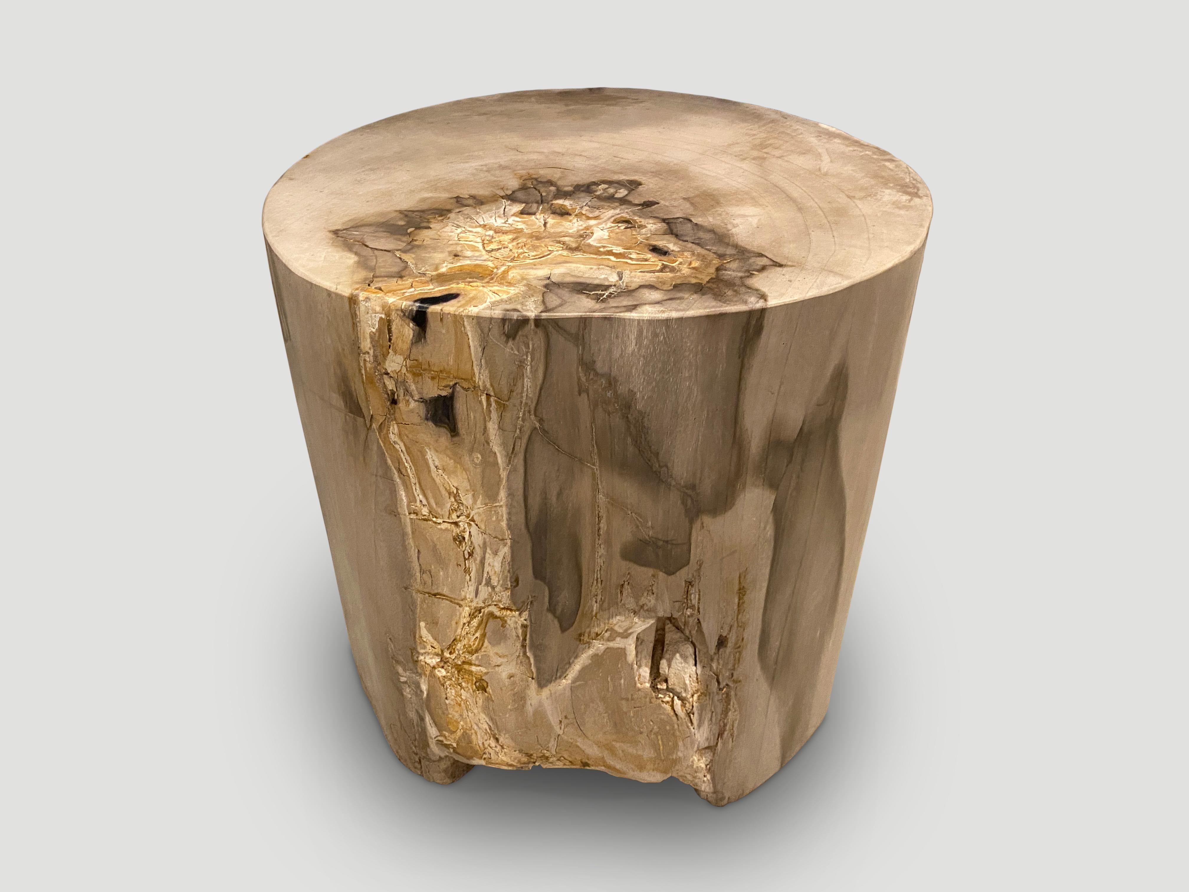 Impressive beautiful contrasting markings on this high quality super smooth, petrified wood side table. It’s fascinating how Mother Nature produces these stunning 40 million year old petrified teak logs with such contrasting colors and natural