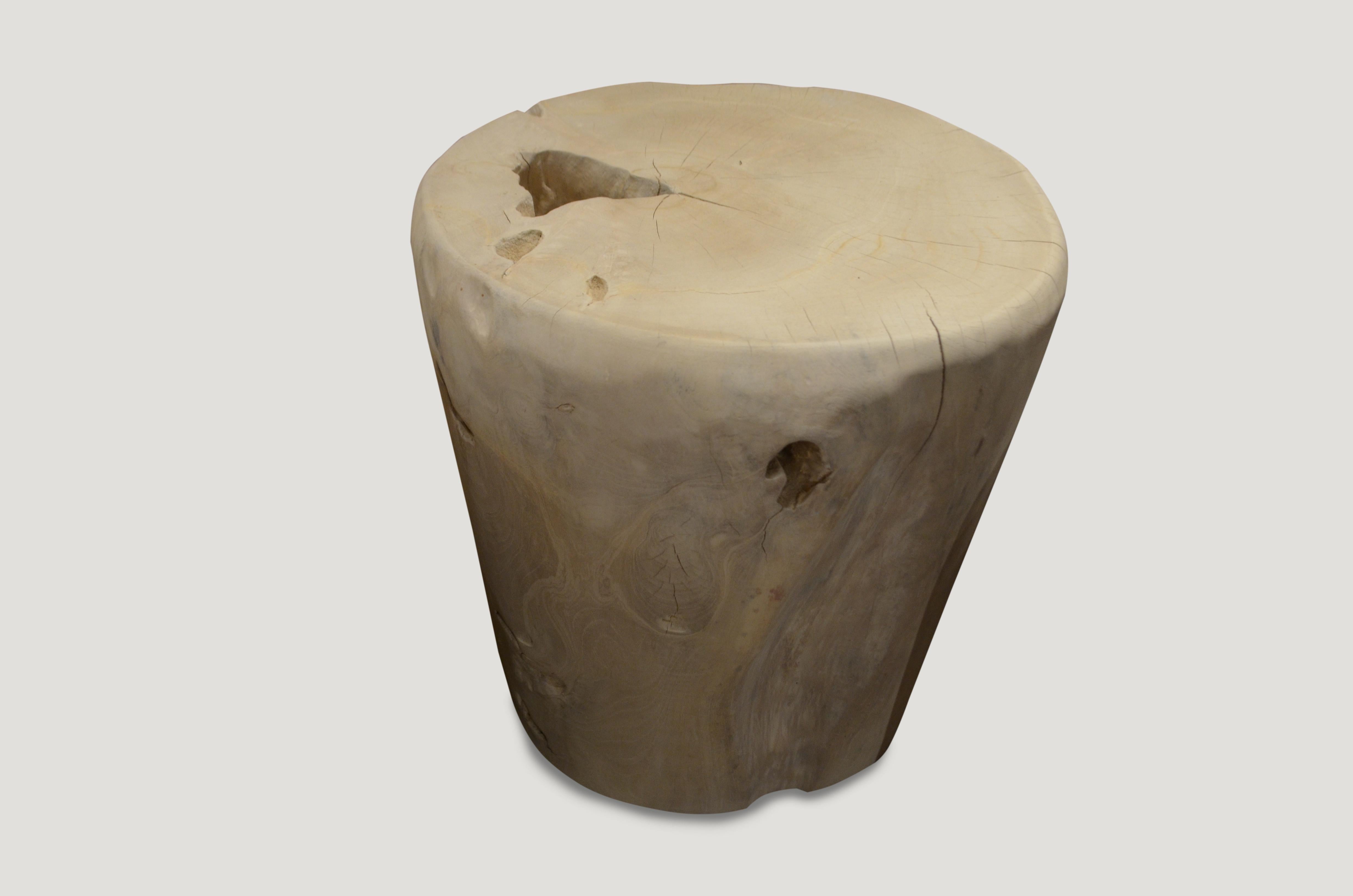 Reclaimed teak which we have hand-carved into drum shaped side tables and then bleached to a bone finish. Pair available. The price reflects one.

The St. Barts collection features an exciting new line of organic white wash and natural weathered