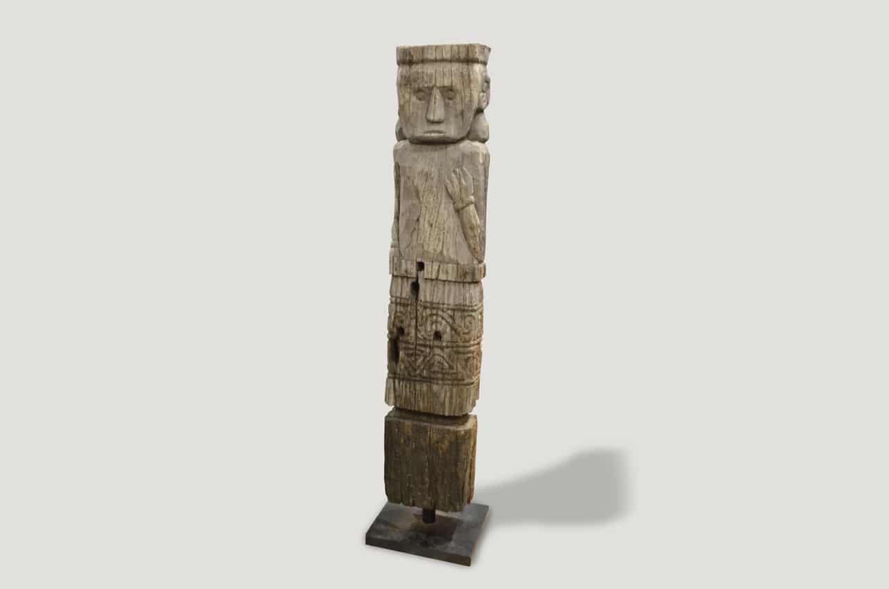 Hand carved from a single iron wood log. Antique man originally used to protect the home.

This statue was sourced in the spirit of wabi sabi, a Japanese philosophy that beauty can be found in imperfection and impermanence. It is a beauty of things