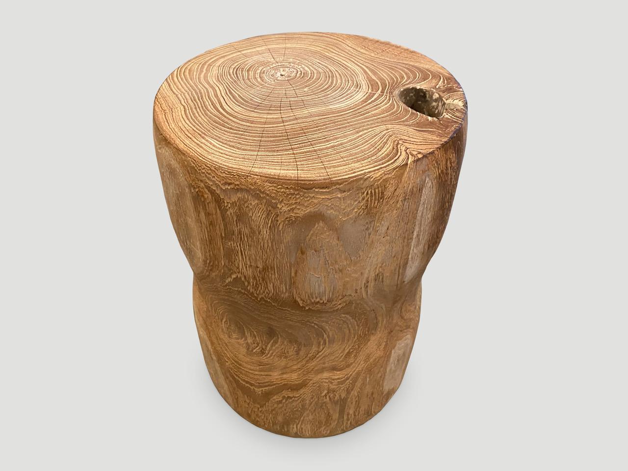 Organic Modern Andrianna Shamaris Hand Carved Teak Wood Side Table or Stool For Sale