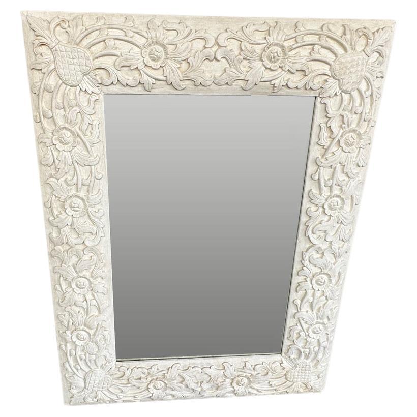 Andrianna Shamaris Hand Carved White Wood Framed Mirror For Sale