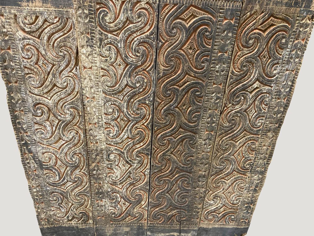 Andrianna Shamaris hand carved architectural panel from Toraja. The carving symbolizes peace and happiness. Originally used as an exterior panel.

Andrianna Shamaris. The Leader In Modern Organic Design.