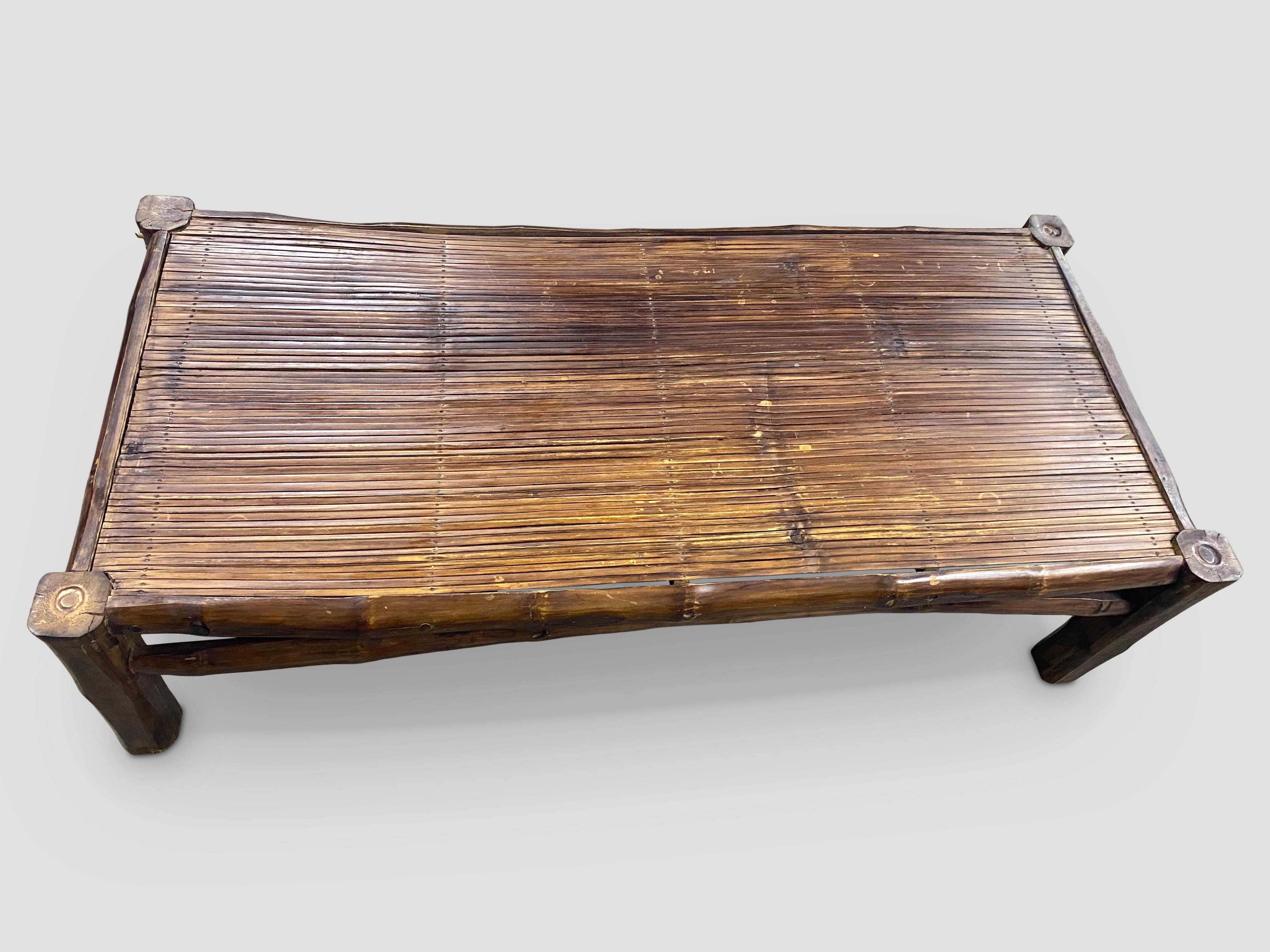 The bamboo coffee table is handmade from antique bamboo. Lightweight and easy to move.

This coffee table was handmade in the spirit of Wabi-Sabi, a Japanese philosophy that beauty can be found in imperfection and impermanence. It is a beauty of