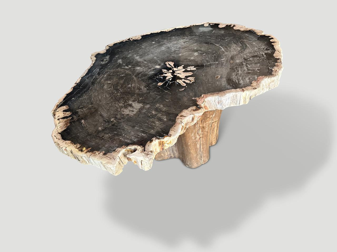 Andrianna Shamaris Heart Shaped Petrified Wood Coffee Table With Teak Base In Excellent Condition In New York, NY