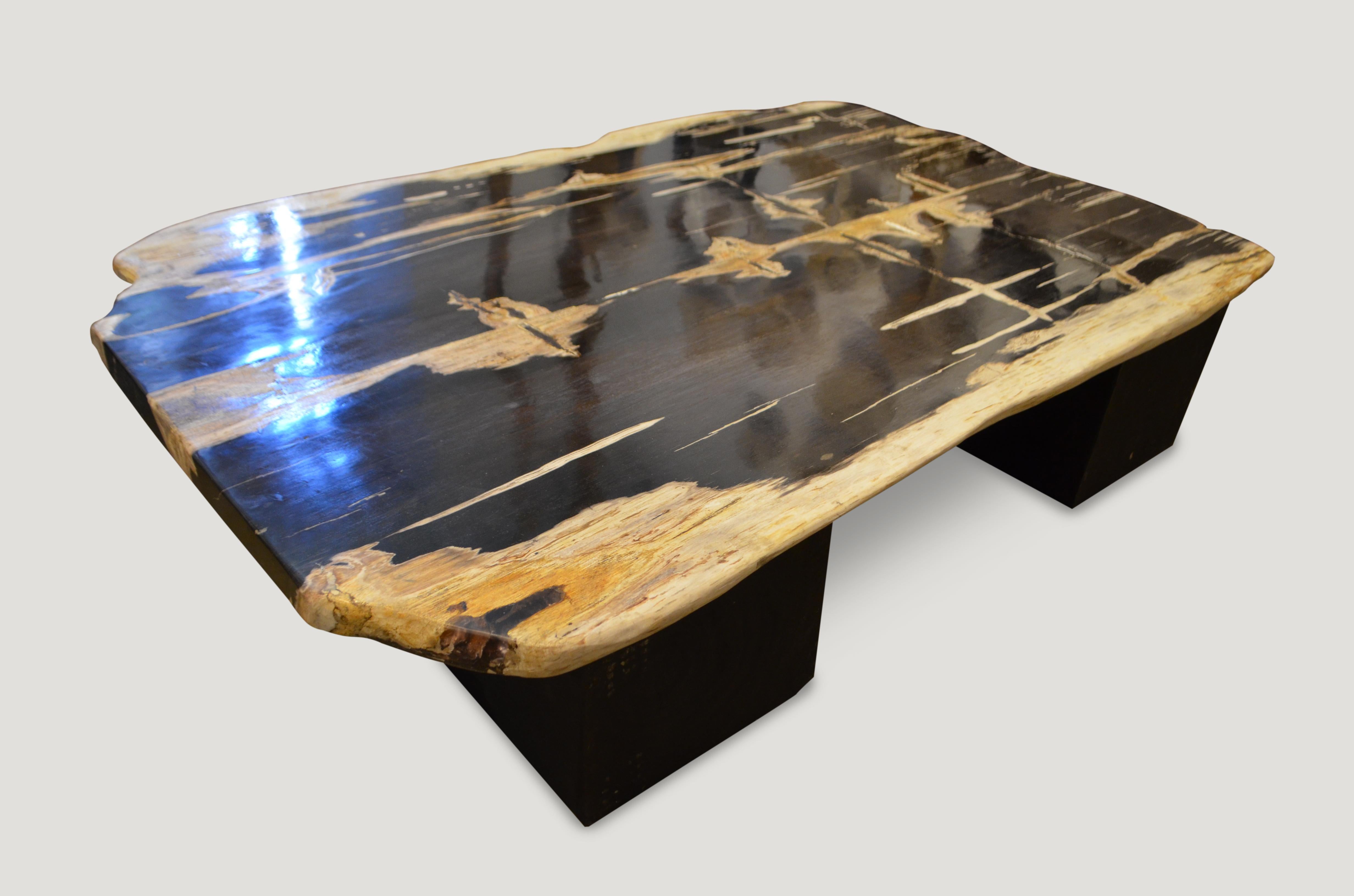 High quality super smooth petrified wood coffee table, dining table or counter top. Stunning black with contrasting natural tones make this an impressive piece for any space. This two inch thick slab is shown floating on two espresso stained wooden