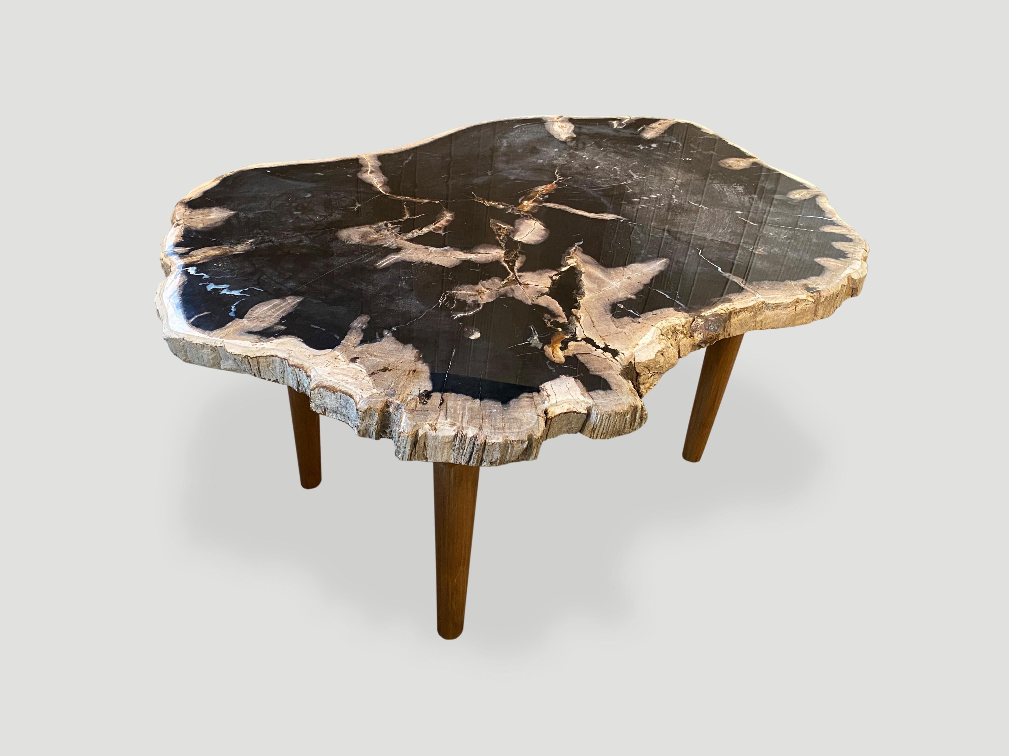 Andrianna Shamaris High Quality Petrified Wood Coffee Table Natural Teak Base In Excellent Condition In New York, NY