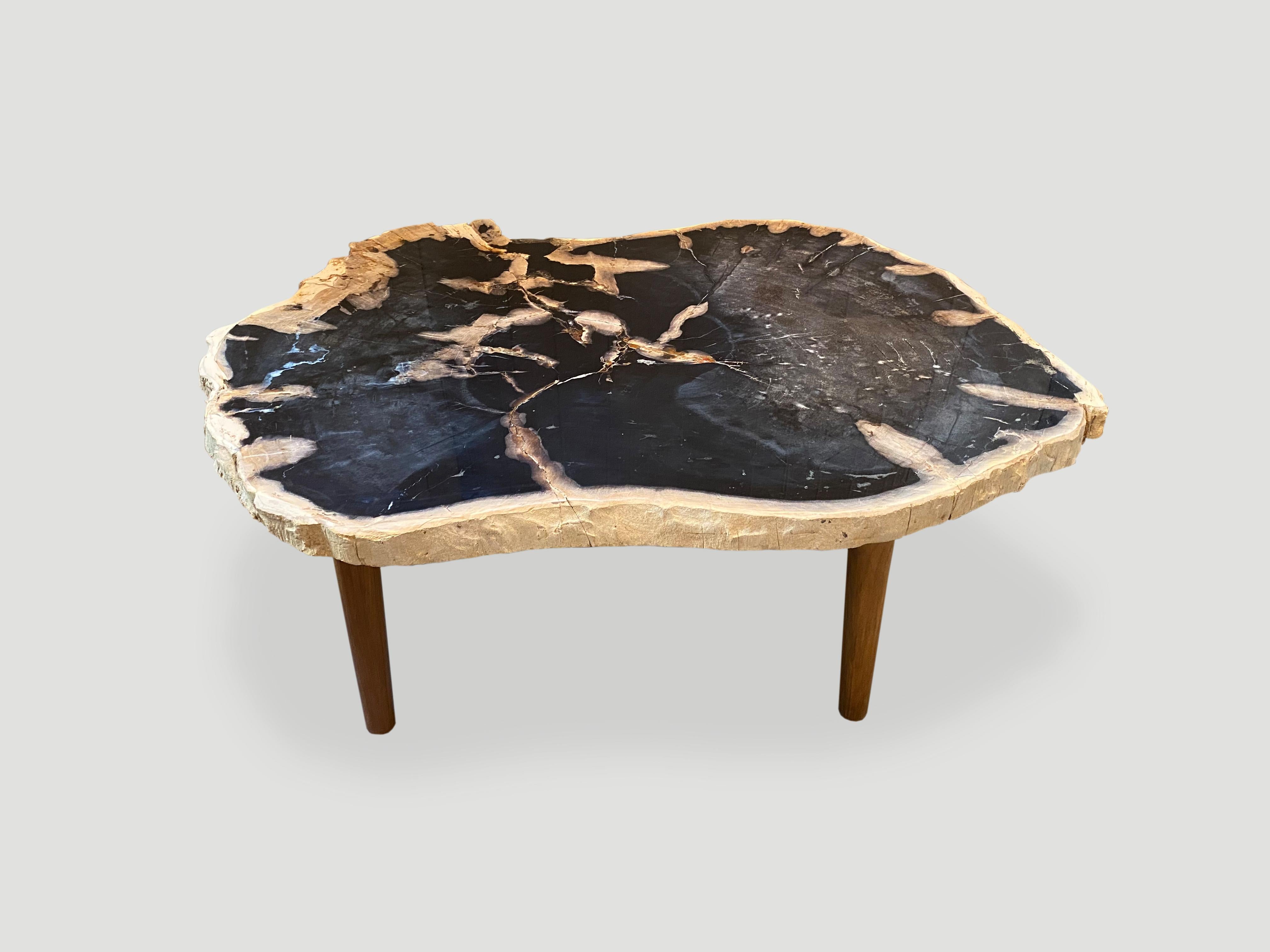 Organique Table basse Andrianna Shamaris en bois pétrifié de haute qualité avec base en bois de teck en vente