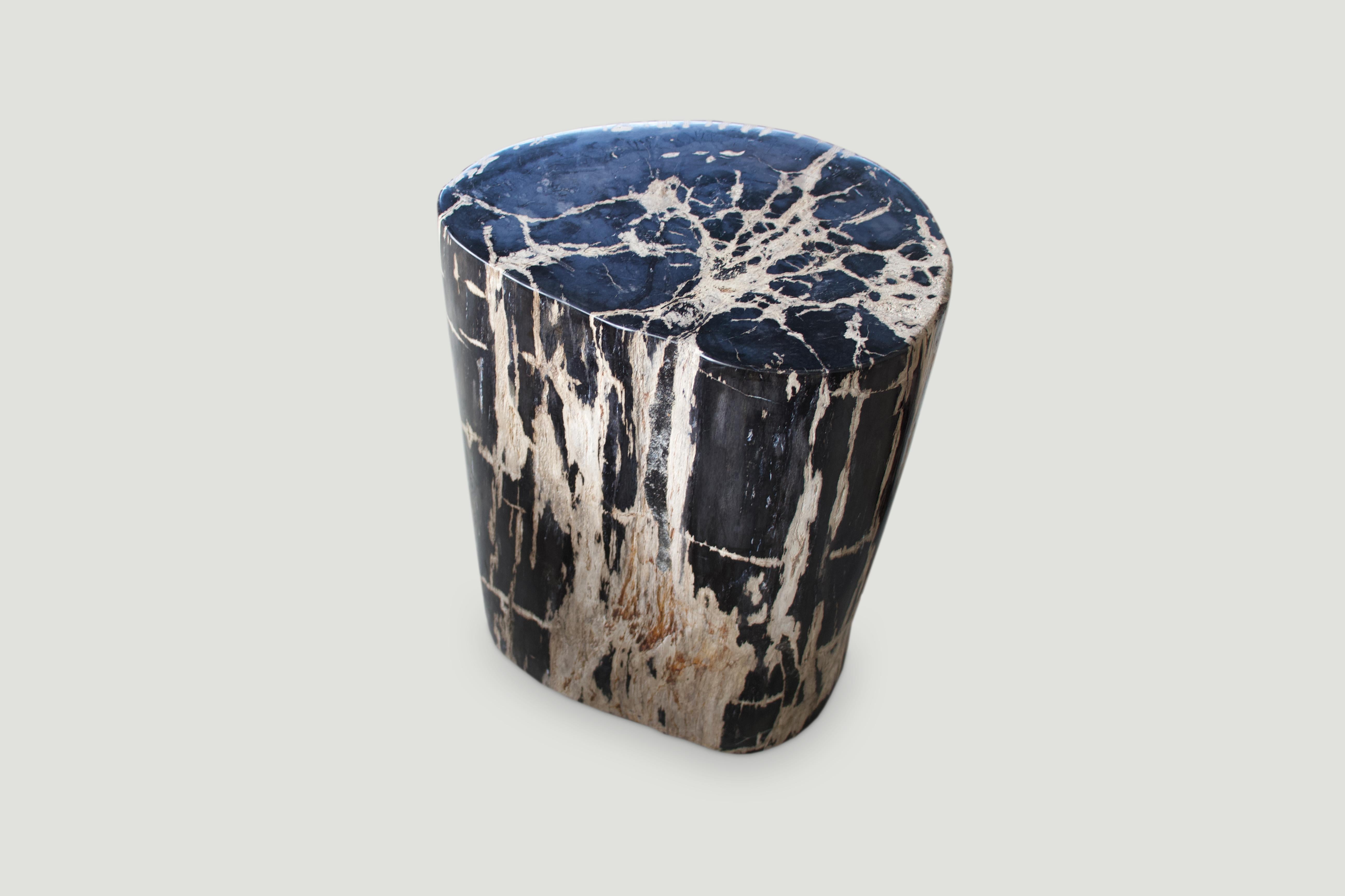 Stunning, black and beige, high quality petrified wood side table. It’s fascinating how Mother Nature produces these stunning 40 million year old petrified teak logs with such contrasting colors with natural patterns throughout. Modern yet with so