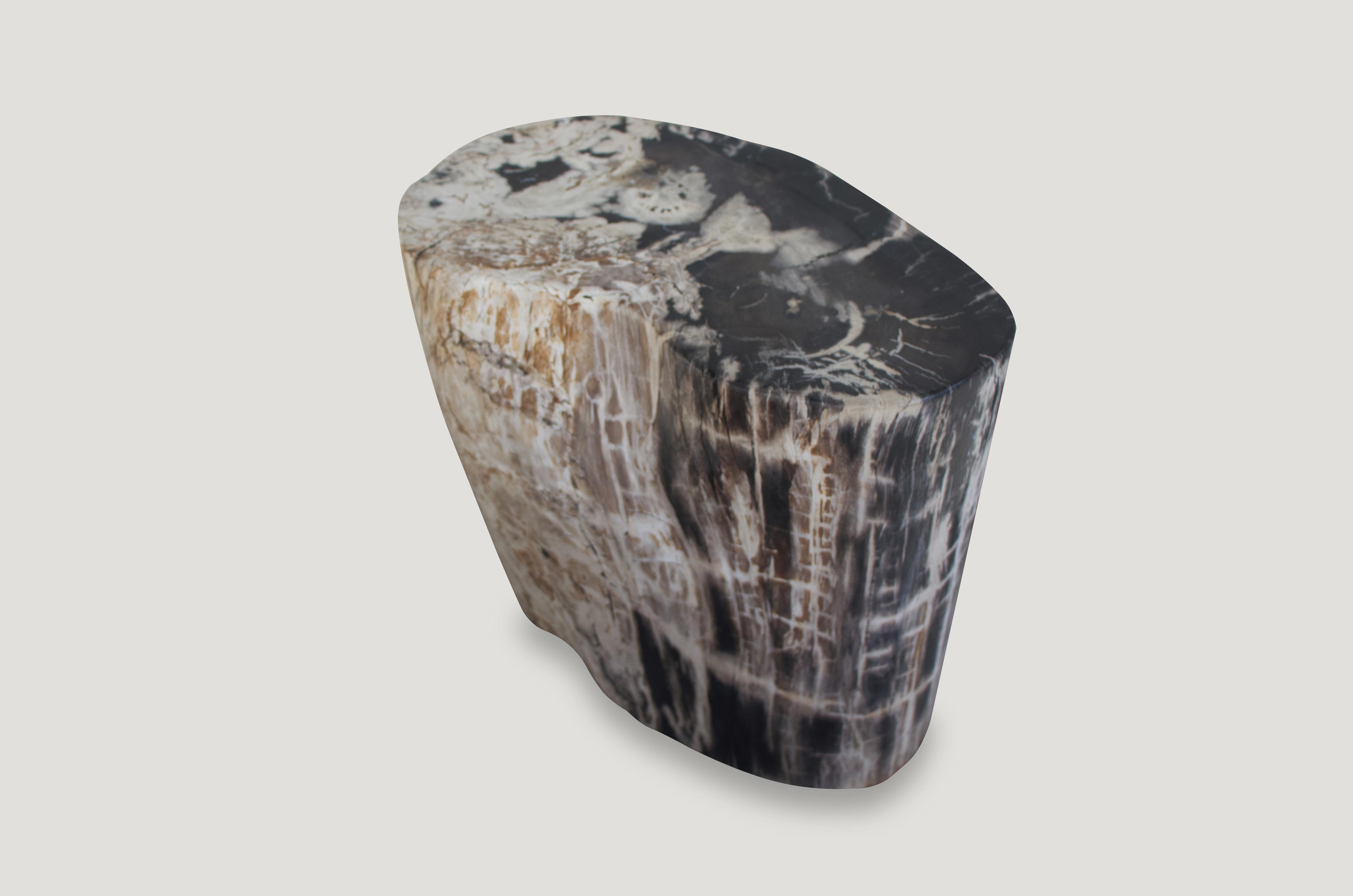 Great oval shape on this high quality petrified wood side table with neutral tones. It’s fascinating how Mother Nature produces these stunning 40 million year old petrified teak logs with such contrasting colors with natural patterns throughout.