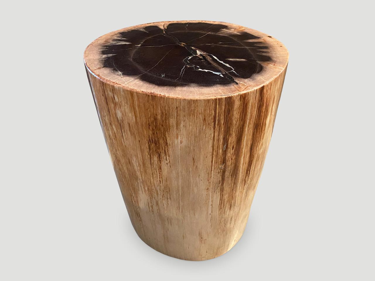 Stunning unusual contrasting colors in this beautiful round petrified wood side table. It’s fascinating how Mother Nature produces these exquisite 40 million year old petrified teak logs with such contrasting colors and natural patterns throughout.