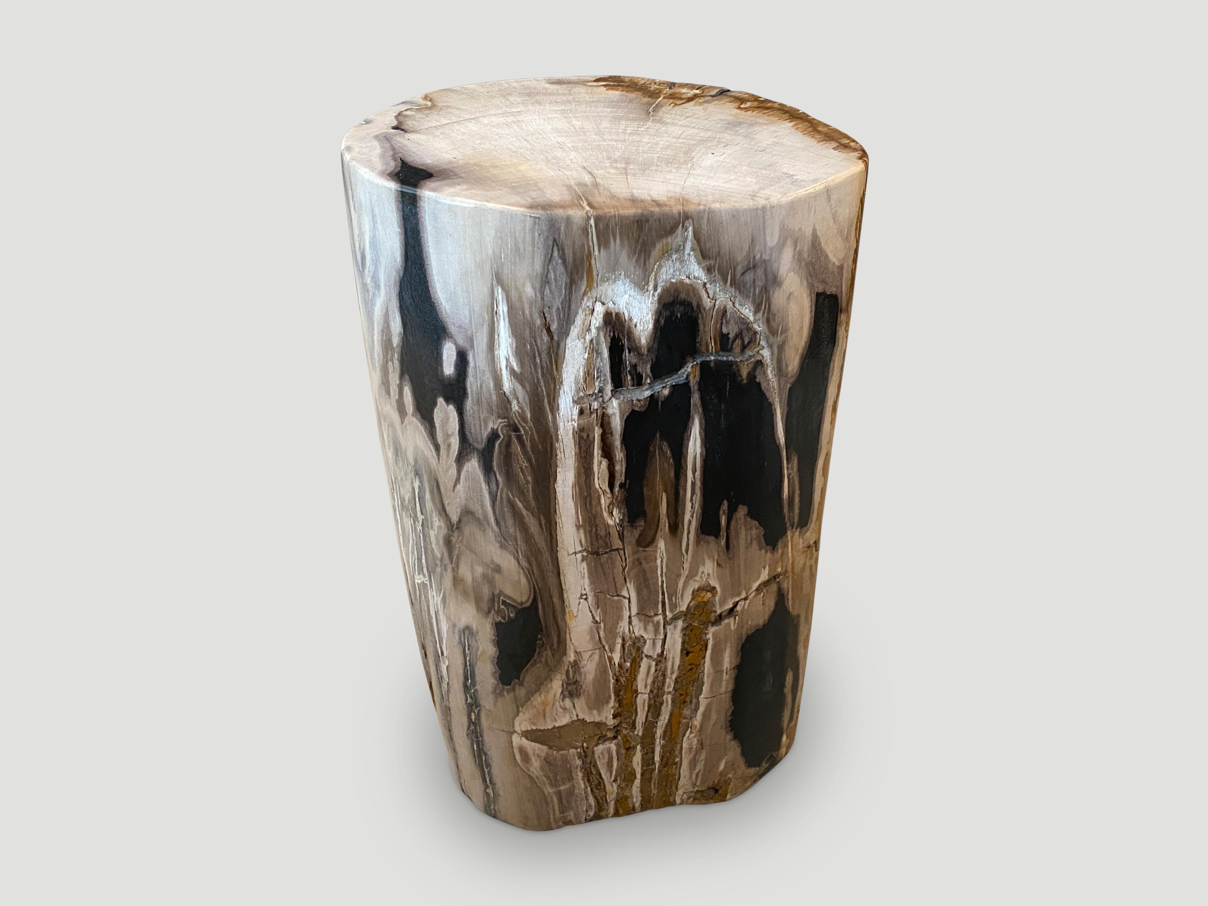 Beautiful petrified wood side table with fabulous contrasting colors yet so minimalist. It’s fascinating how Mother Nature produces these stunning 40 million year old petrified teak logs with such contrasting colors and natural patterns throughout.