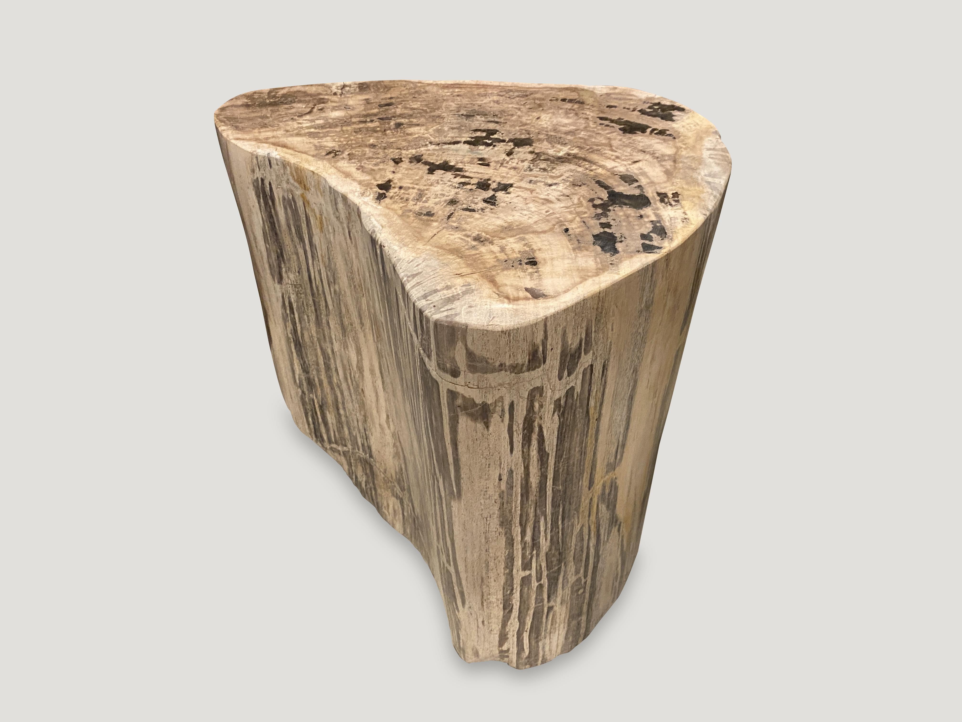 Impressive beautiful grey tones and markings on this high quality petrified wood side table. It’s fascinating how Mother Nature produces these exquisite 40 million year old petrified teak logs with such contrasting colors and natural patterns