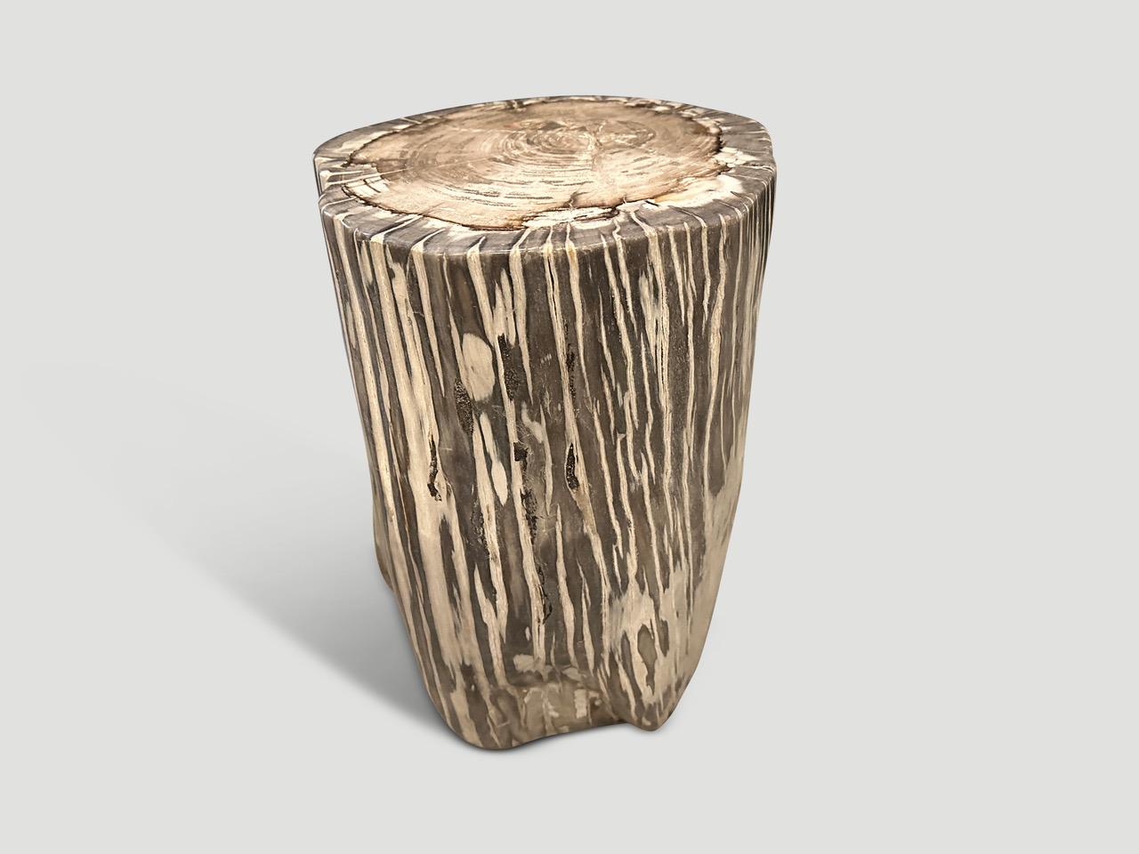 Impressive high quality petrified wood side table. It’s fascinating how Mother Nature produces these stunning 40 million year old petrified teak logs with such contrasting colors and natural patterns throughout. Modern yet with so much history.

As