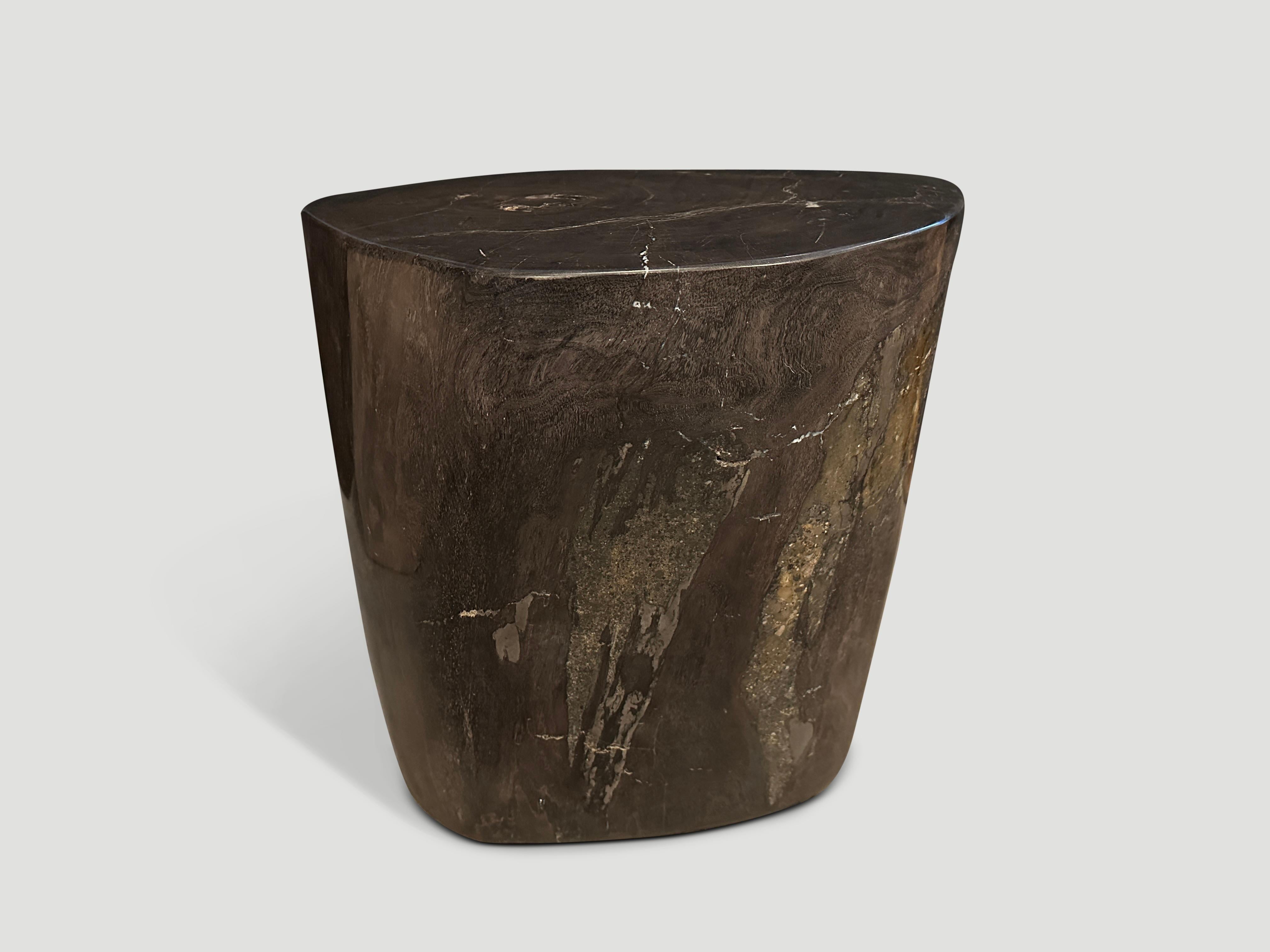 Impressive beautiful dark tones on this high quality petrified wood side table. It’s fascinating how Mother Nature produces these stunning 40 million year old petrified teak logs with such contrasting colors and natural patterns throughout. Modern