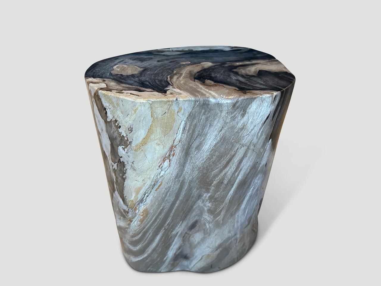Beautiful petrified wood side table with fabulous contrasting markings and grey, blue tones.  It’s fascinating how Mother Nature produces these stunning 40 million year old petrified teak logs with such contrasting colors and natural patterns