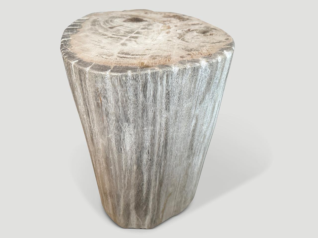Beautiful pale grey tones on this impressive high quality petrified wood side table. It’s fascinating how Mother Nature produces these stunning 40 million year old petrified teak logs with such contrasting colors and natural patterns throughout.
