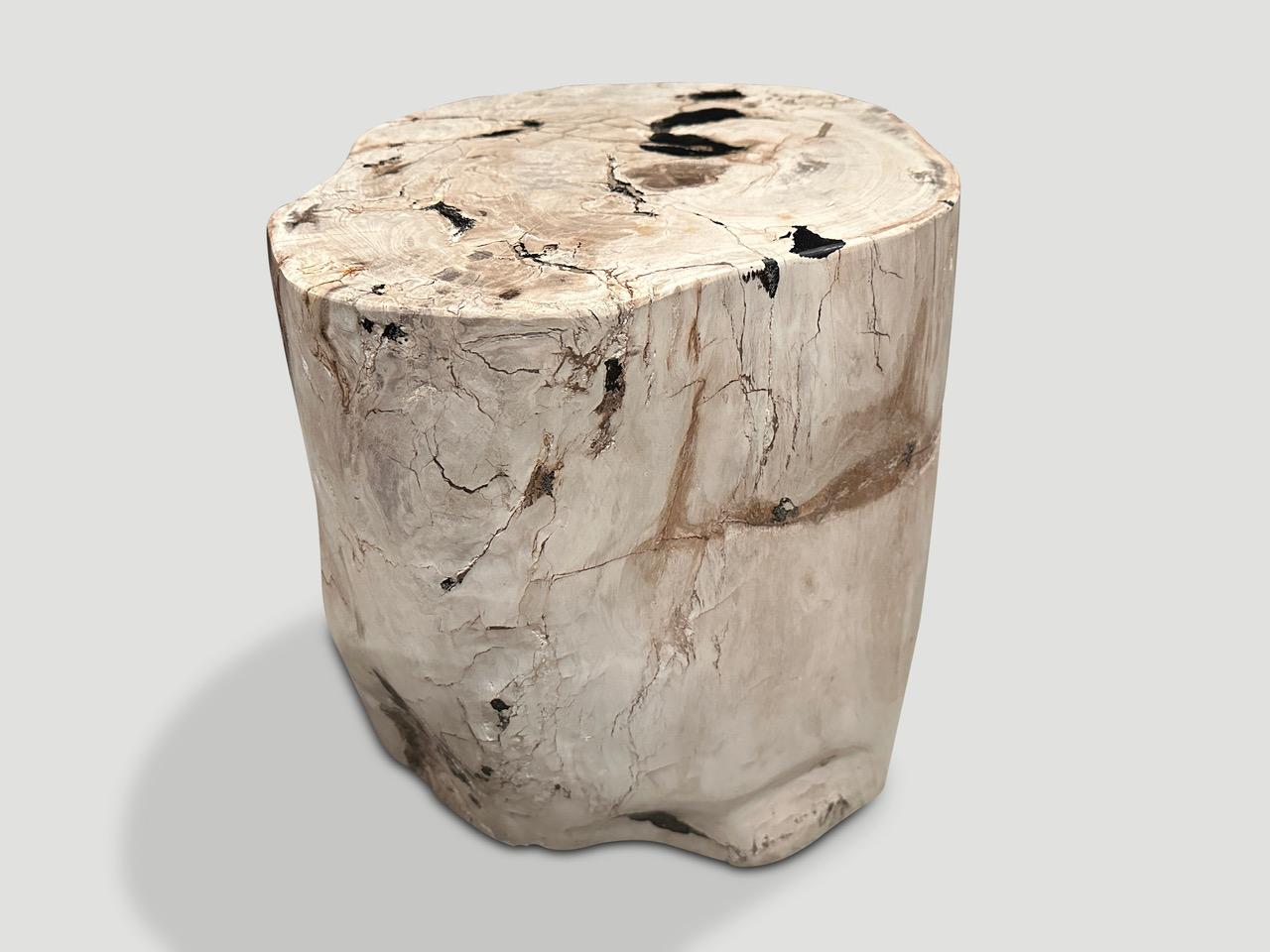 Neutral tones on this high quality petrified wood side table. It’s fascinating how Mother Nature produces these stunning 40 million year old petrified teak logs with such contrasting colors and natural patterns throughout. Modern yet with so much