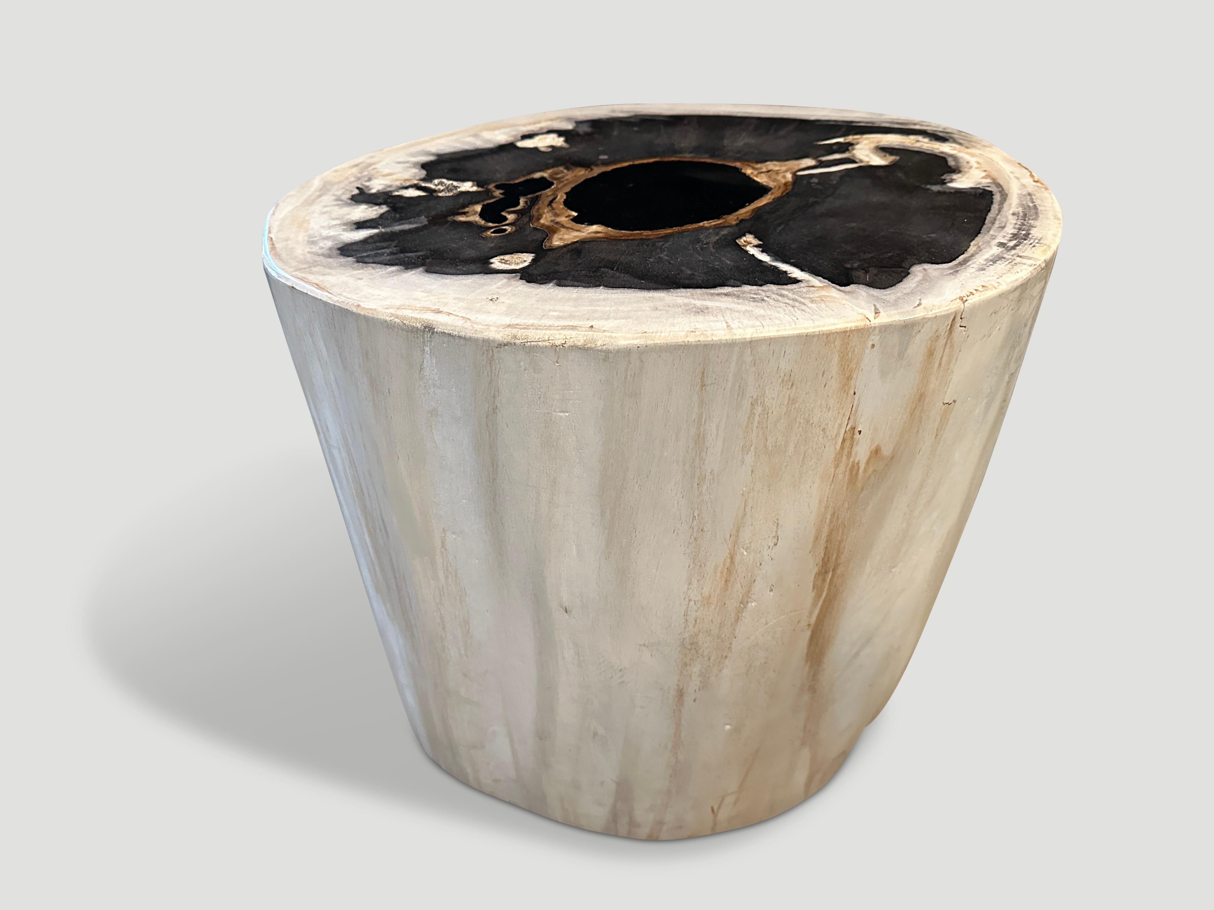 Impressive beautiful contrasting tones on this large high quality petrified wood side table. It’s fascinating how Mother Nature produces these stunning 40 million year old petrified teak logs with such contrasting colors and natural patterns
