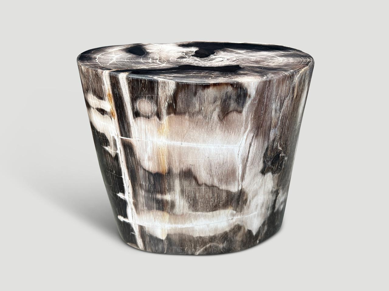 Impressive beautiful tones on this high quality super smooth petrified wood side table. It’s fascinating how Mother Nature produces these stunning 40 million year old petrified teak logs with such contrasting colors and natural patterns throughout.
