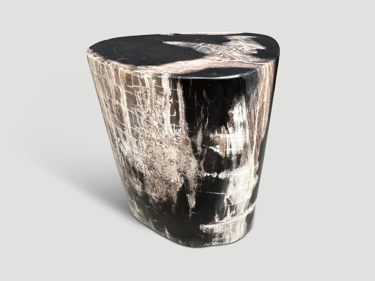 Impressive beautiful tones on this high quality super smooth petrified wood side table. It’s fascinating how Mother Nature produces these stunning 40 million year old petrified teak logs with such contrasting colors and natural patterns throughout.