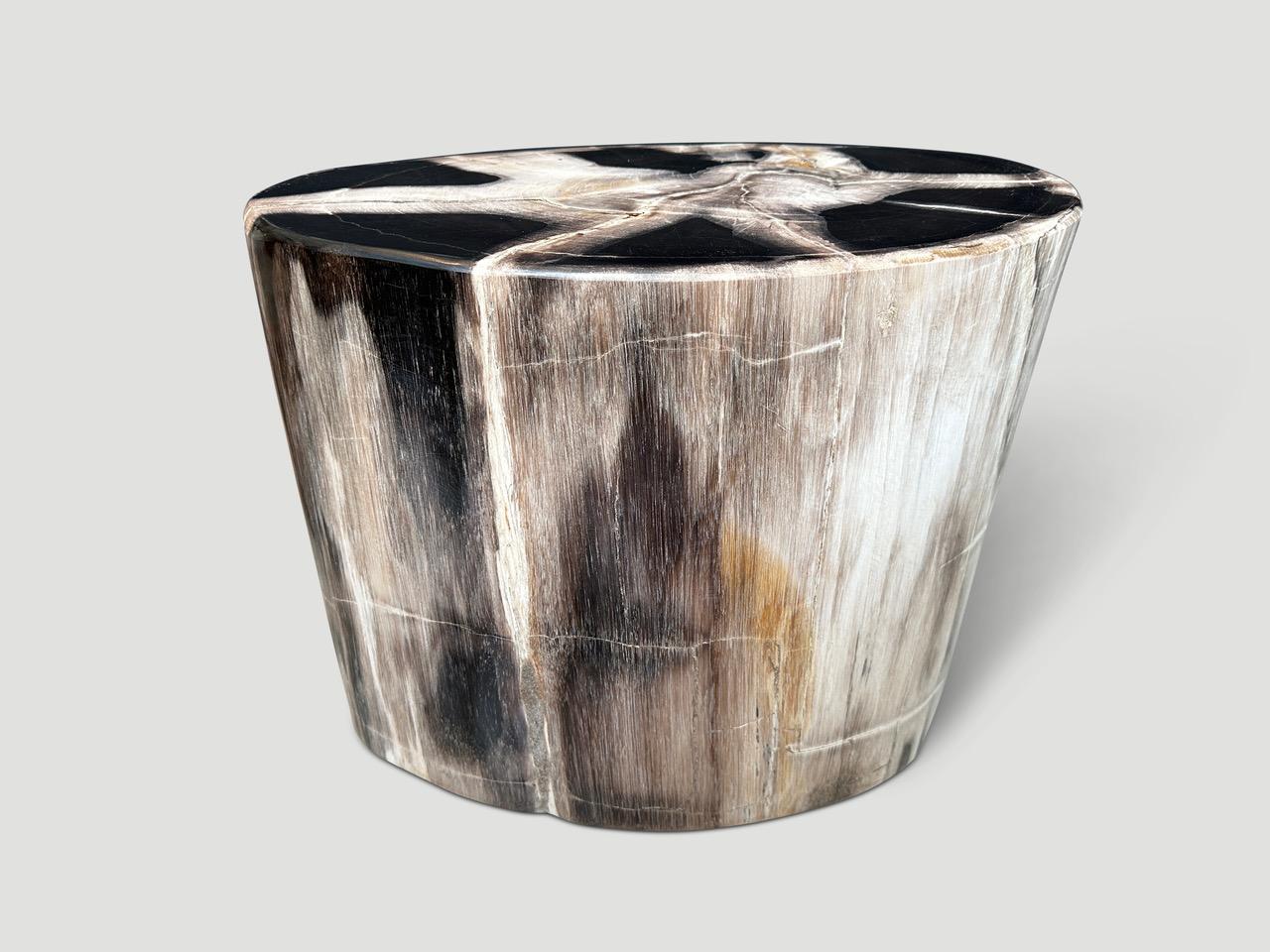 Impressive beautiful tones on this high quality super smooth petrified wood side table. It’s fascinating how Mother Nature produces these stunning 40 million year old petrified teak logs with such contrasting colors and natural patterns throughout.