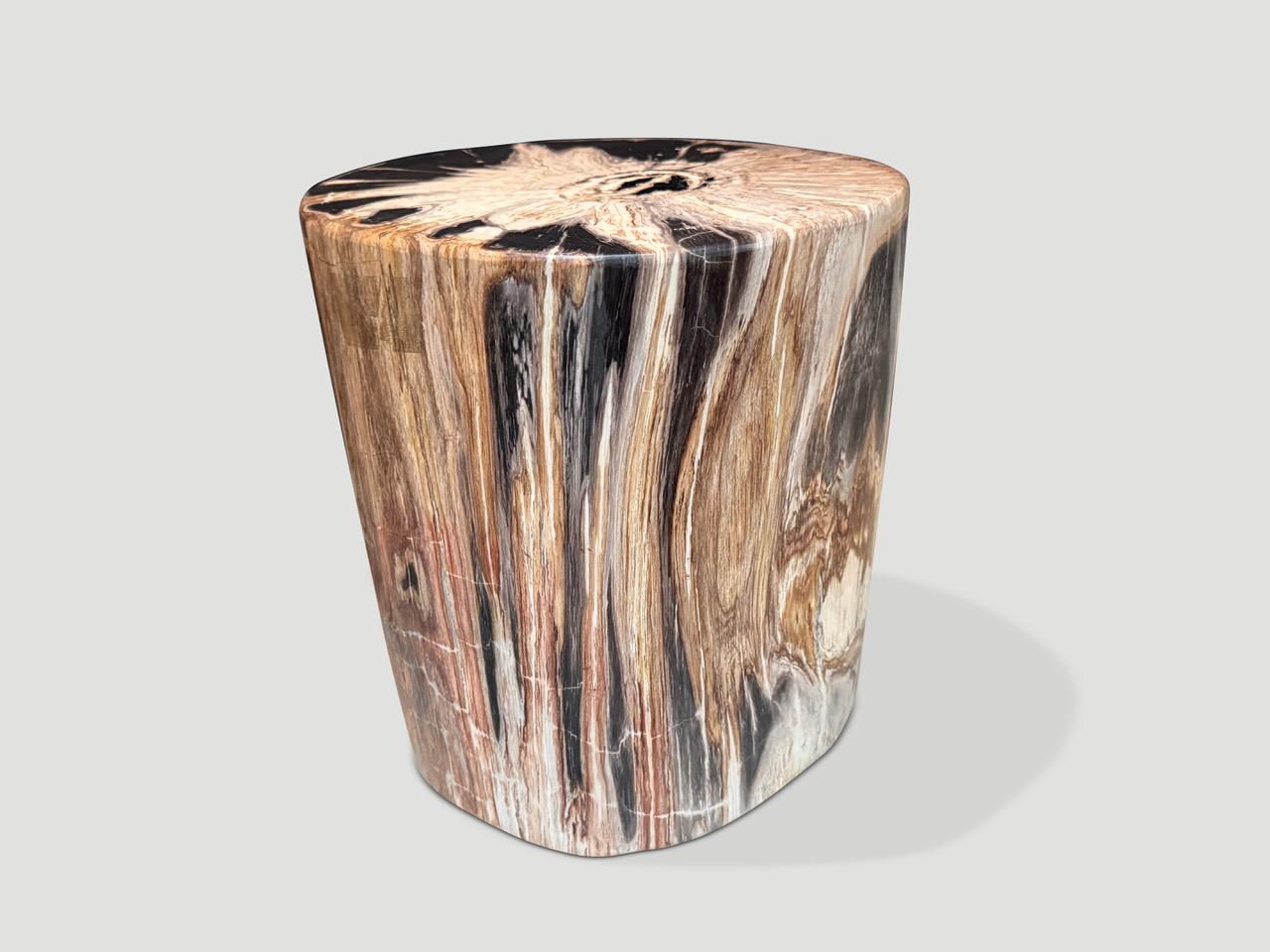 Beautiful tones on this impressive high quality petrified wood side table. It’s fascinating how Mother Nature produces these stunning 40 million year old petrified teak logs with such contrasting colors and natural patterns throughout. Modern yet