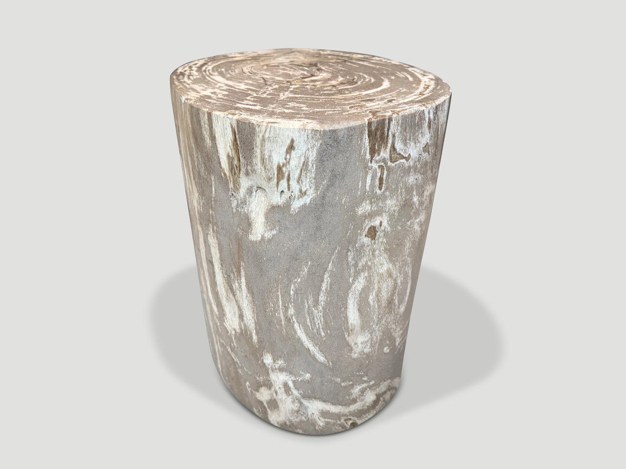 Table d'appoint en bois pétrifié de haute qualité dans les tons gris. Il est fascinant de voir comment Mère Nature produit ces stupéfiants troncs de teck pétrifiés vieux de 40 millions d'années, aux couleurs si contrastées et aux motifs si naturels.