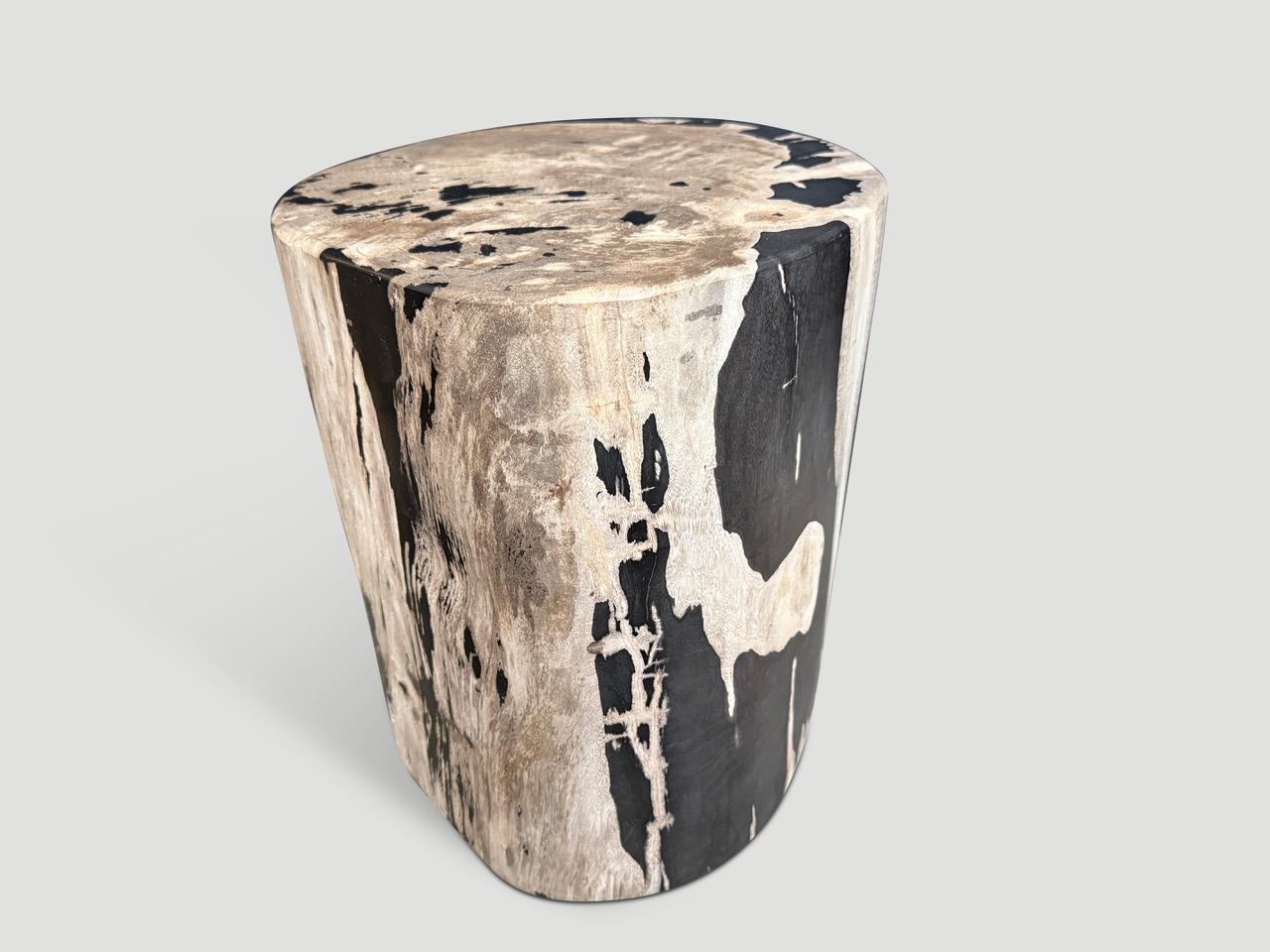 Beautiful contrasting tones on this high quality striking petrified wood side table. It’s fascinating how Mother Nature produces these stunning 40 million year old petrified teak logs with such contrasting colors and natural patterns throughout.