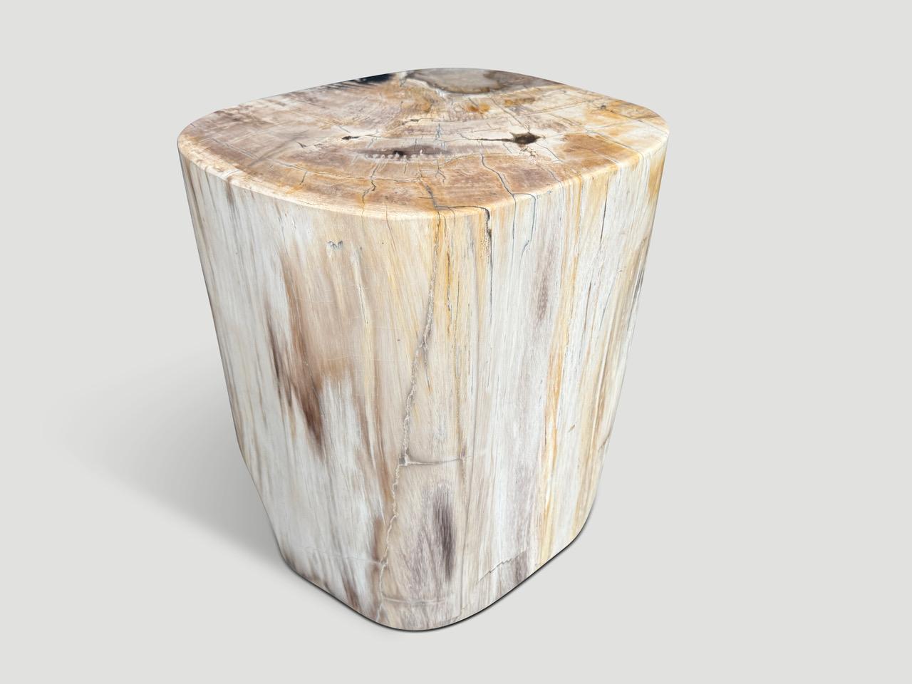 Impressive beautiful tones on this high quality petrified wood side table. It’s fascinating how Mother Nature produces these stunning 40 million year old petrified teak logs with such contrasting colors and natural patterns throughout. Modern yet