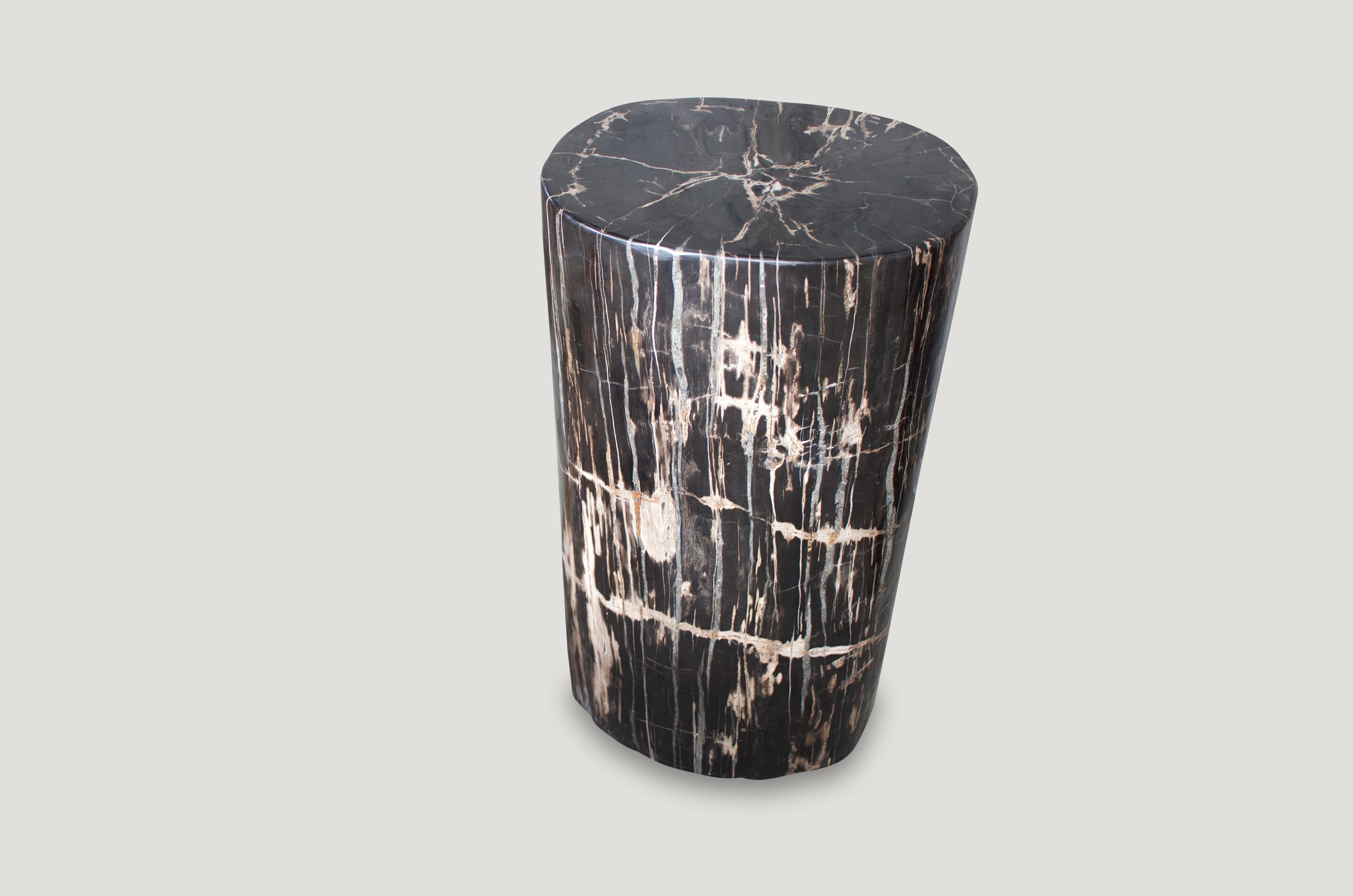 Stunning, black and beige, high quality petrified wood side table or pedestal. It’s fascinating how Mother Nature produces these stunning 40 million year old petrified teak logs with such contrasting colors with natural patterns throughout. Modern