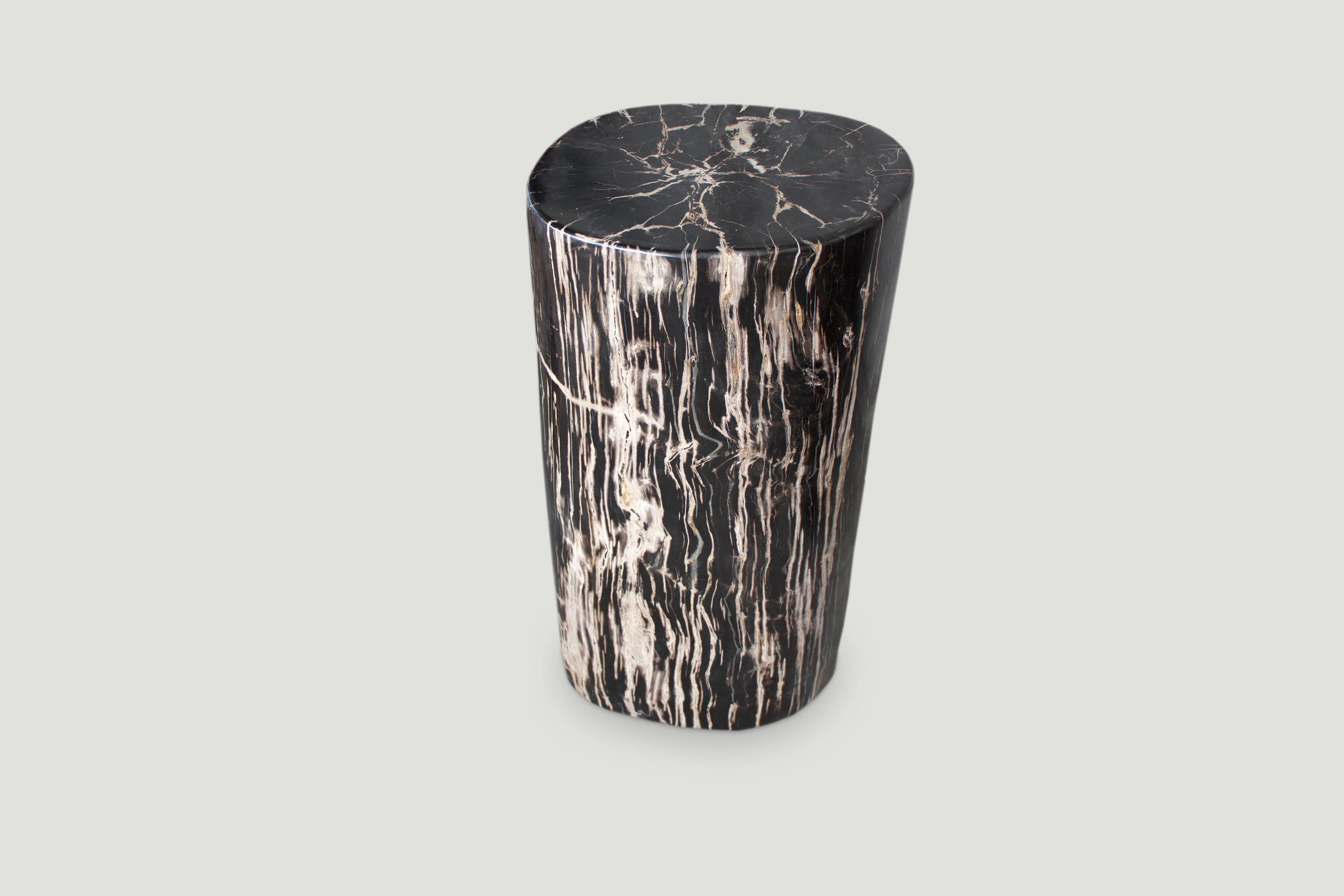 Stunning, black and beige, high quality petrified wood side table or pedestal. It’s fascinating how Mother Nature produces these stunning 40 million year old petrified teak logs with such contrasting colors with natural patterns throughout. Modern