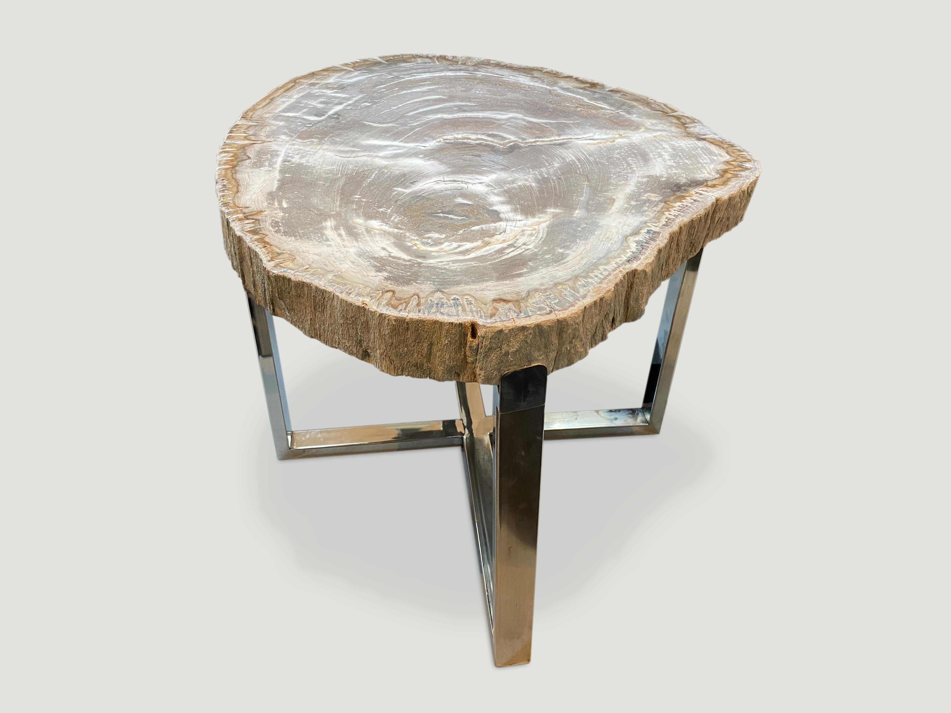 Stunning neutral tones in this high quality petrified wood 2.5” slab top side table. We have added a Minimalist stainless steel base.

As with a diamond, we polish the highest quality fossilized petrified wood, using our latest ground breaking