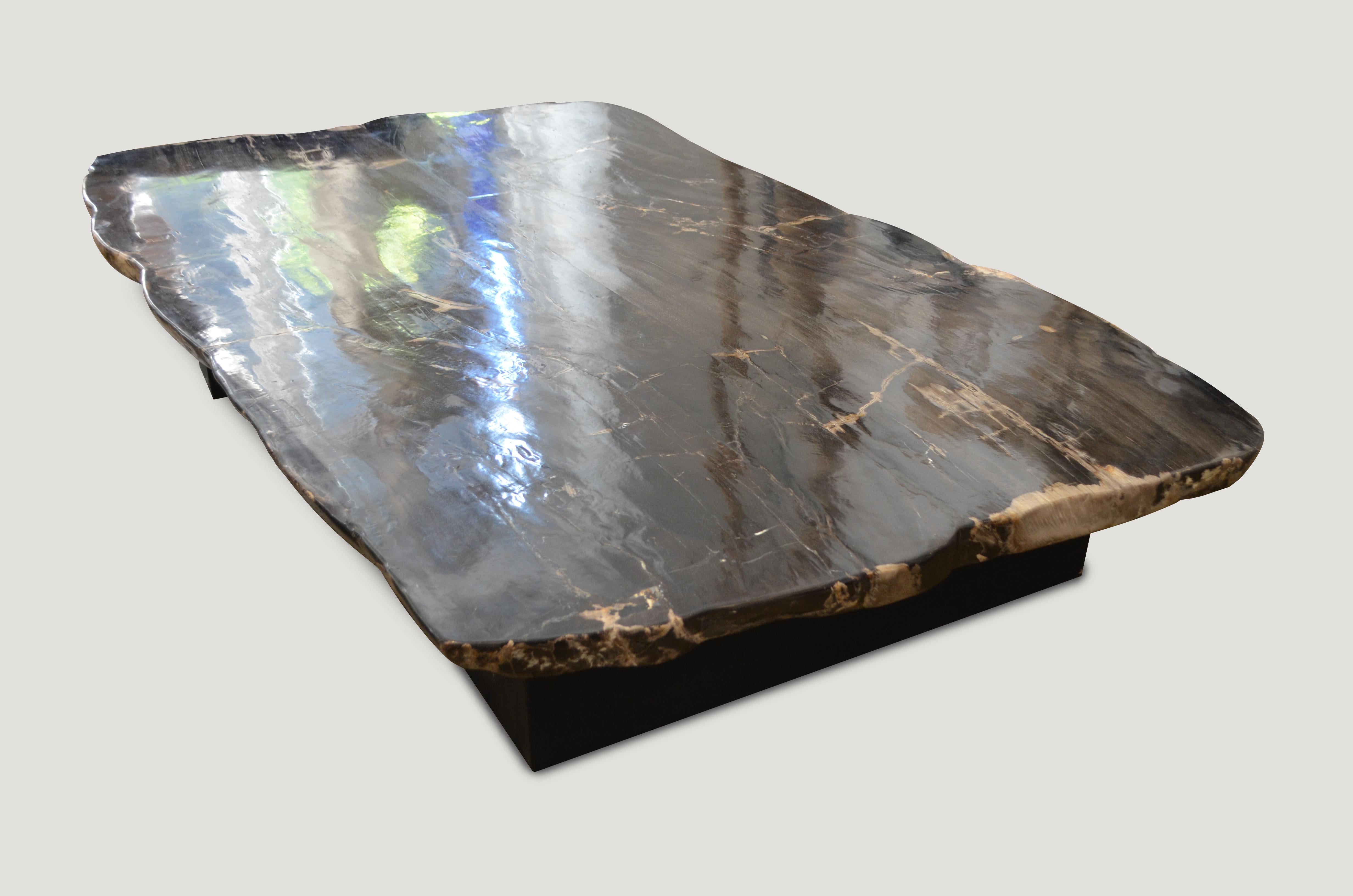 Impressive 3” thick petrified wood table top. Shown as a coffee table however this can also be a dining table or counter top. Please inquire. Two pieces from the same log joined for incredible width of 54″. It’s rare to find a piece this thick and