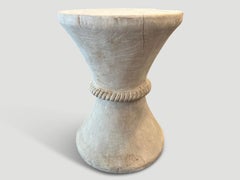 Andrianna Shamaris Hourglass White Washed Teak Wood Side Table or Stool