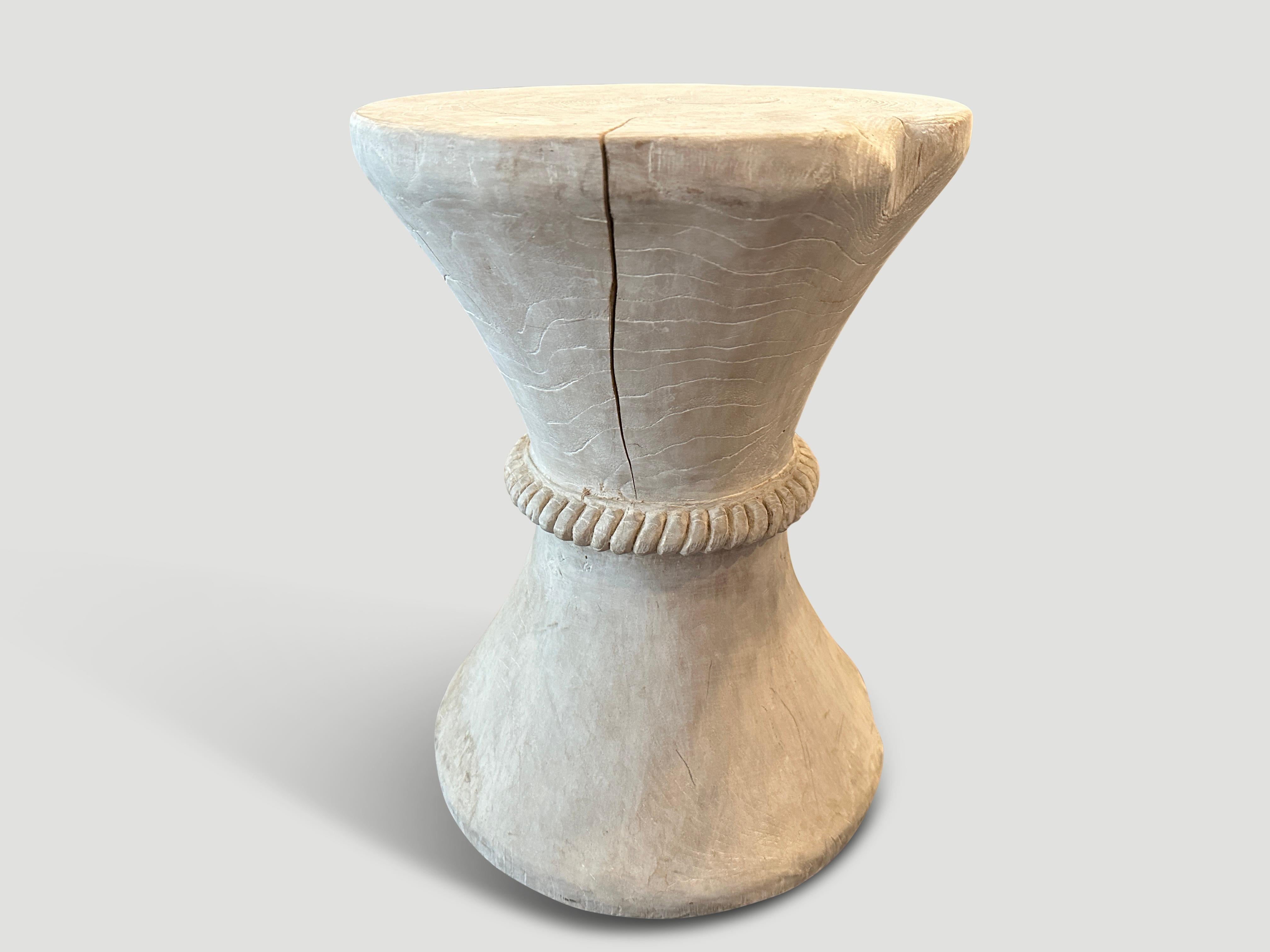 Andrianna Shamaris Hourglass White Washed Teak Wood Side Table or Stool In Excellent Condition For Sale In New York, NY
