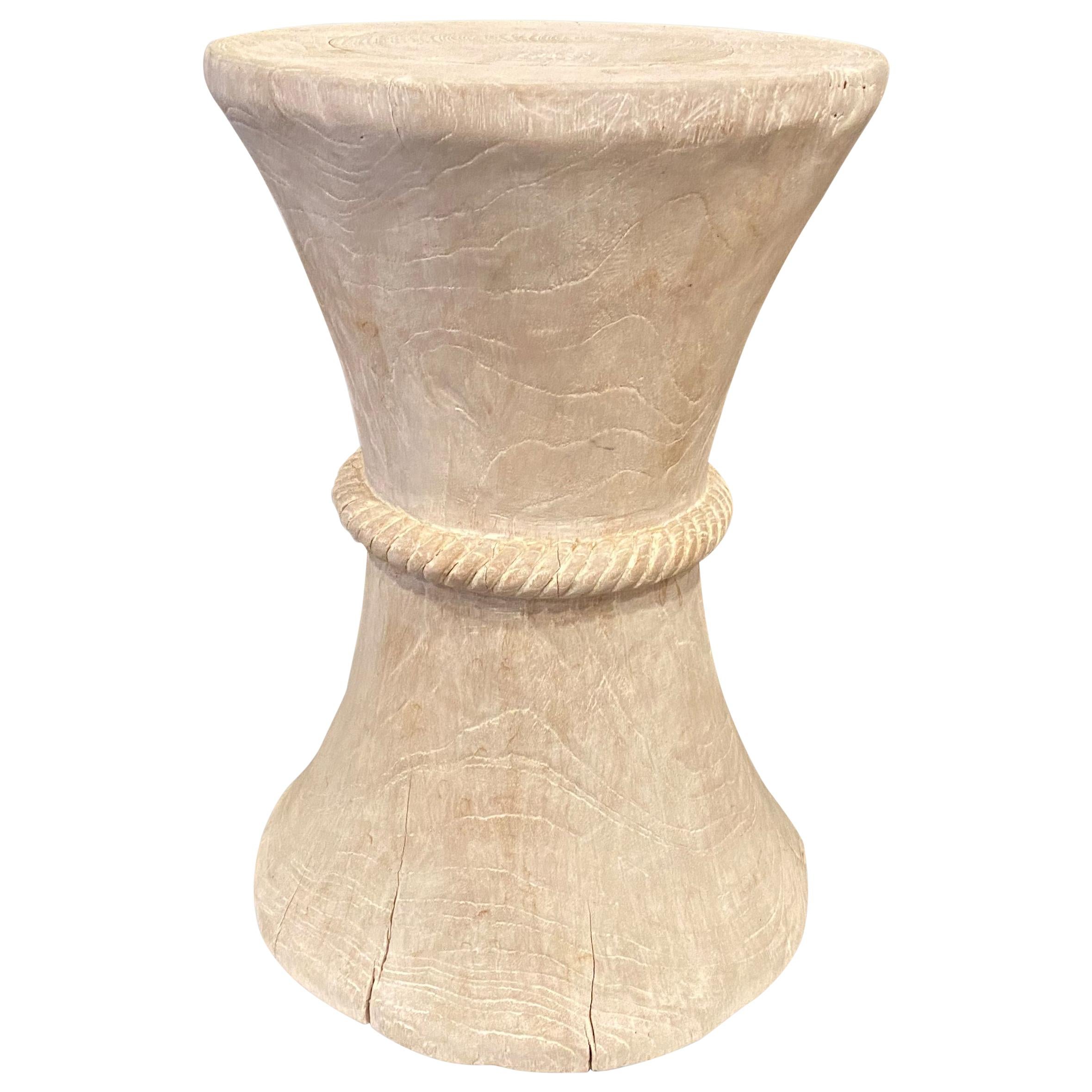 Andrianna Shamaris Hourglass White Washed Teak Wood Side Table or Stool