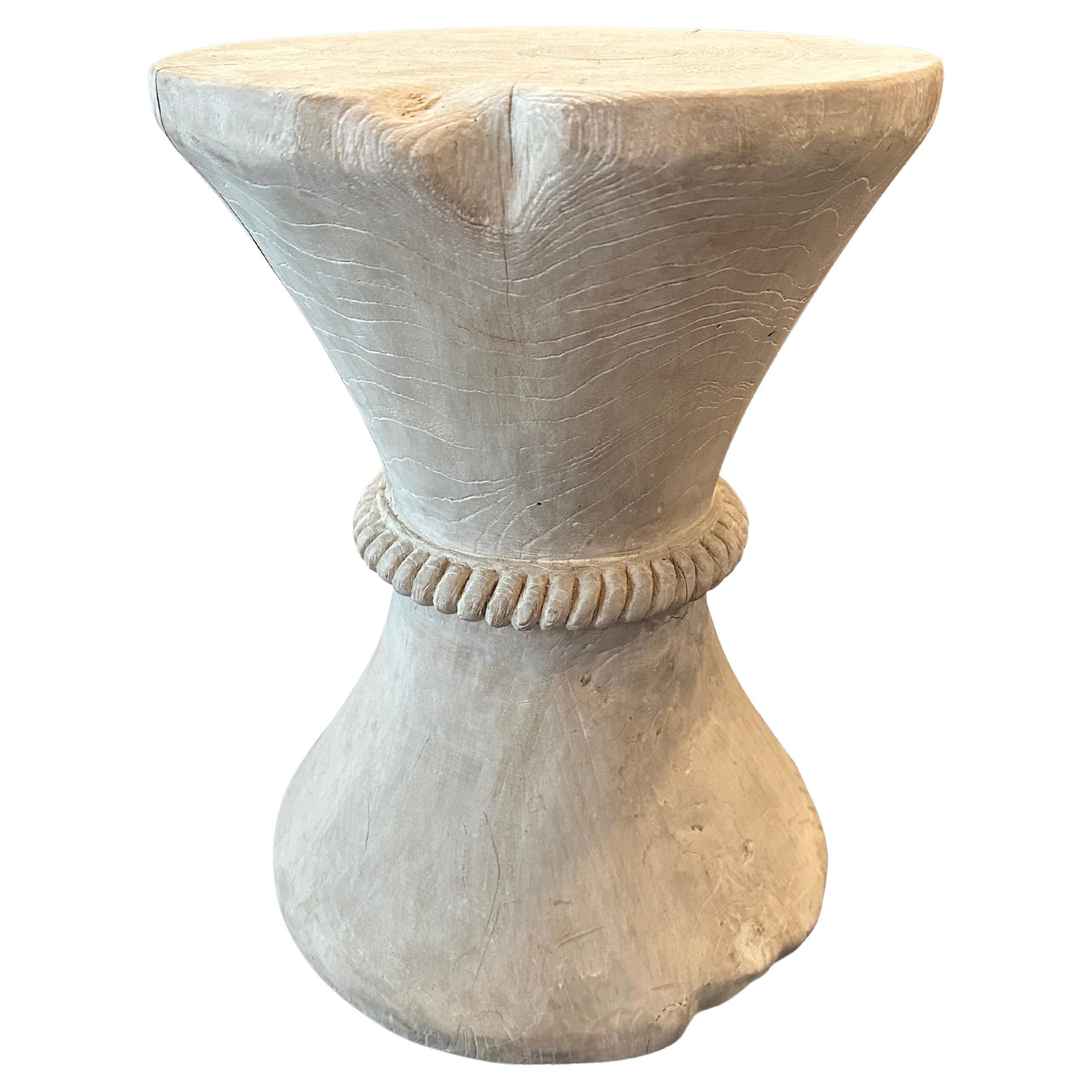 Andrianna Shamaris Hourglass White Washed Teak Wood Side Table or Stool