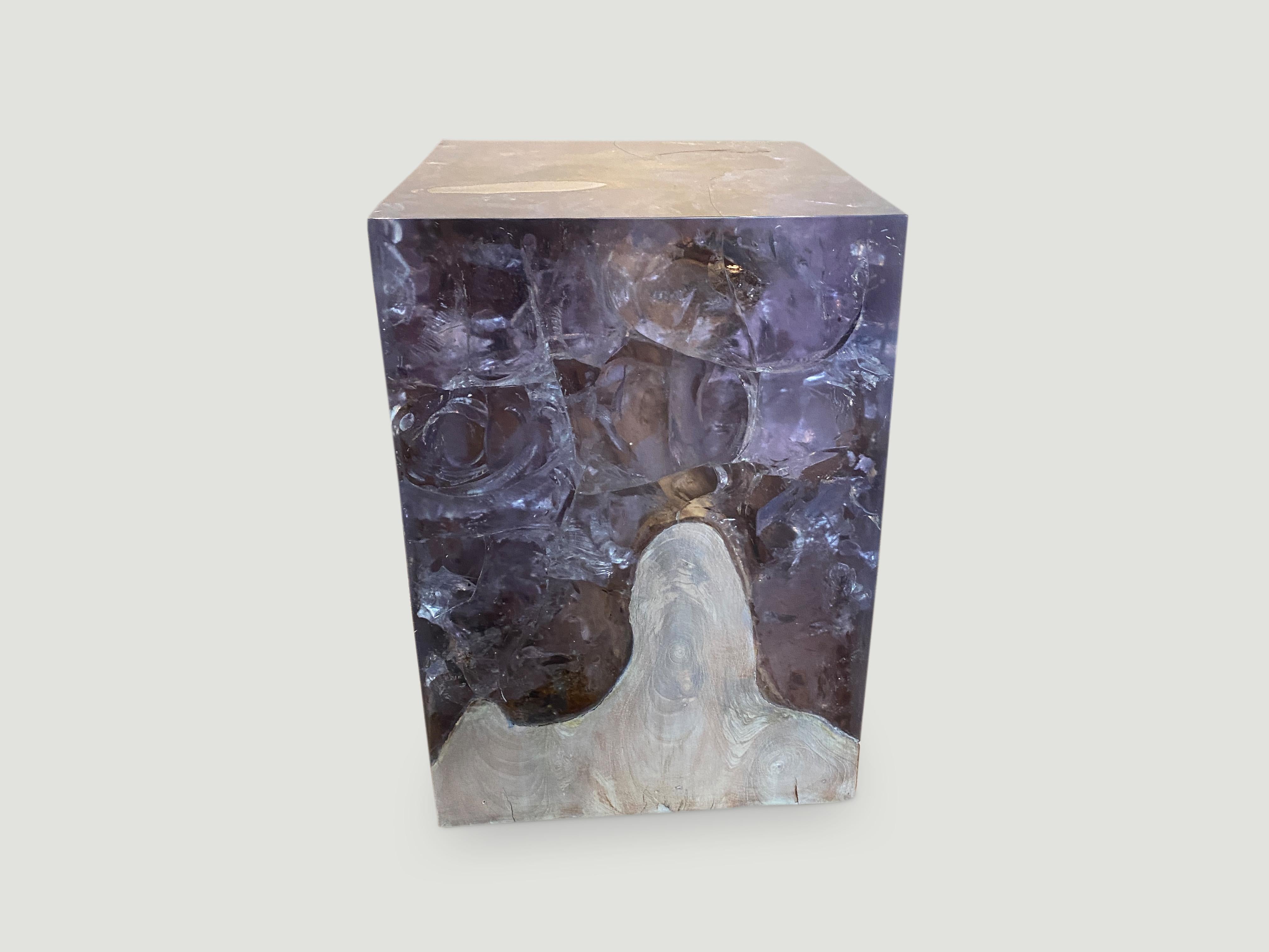 The St. Barts side table is a unique variation of the teak and cracked resin cube. Ice blue or aqua resin is cracked and added into the natural grooves of the bleached teak wood, sanded and finished with a high polish.

The St. Barts collection