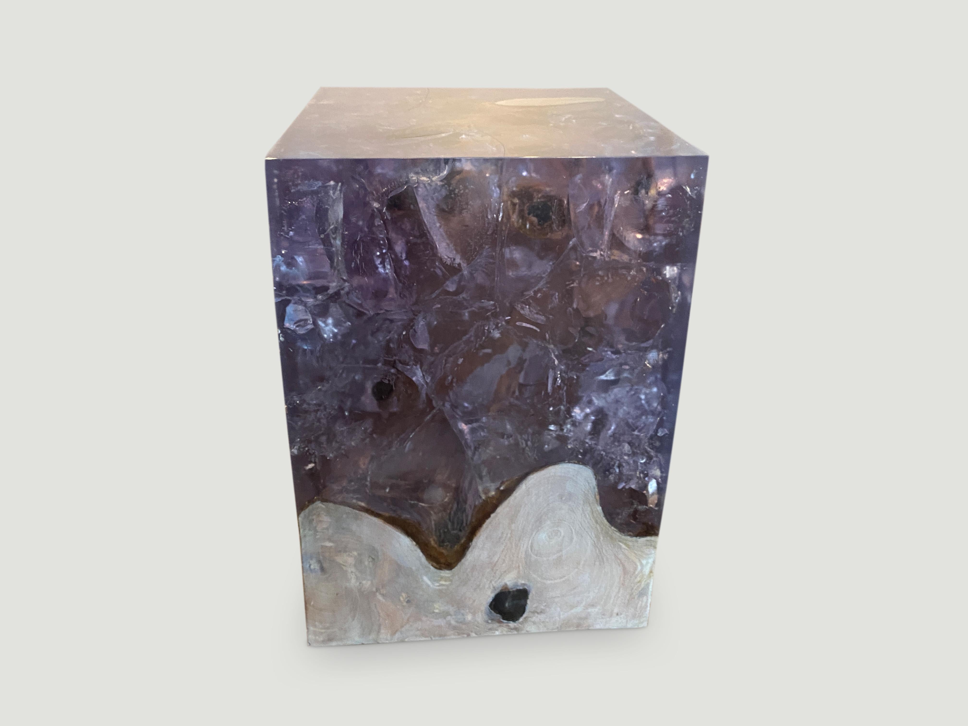 Organic Modern Andrianna Shamaris Ice Blue Cracked Resin and Teak Wood Side Table For Sale
