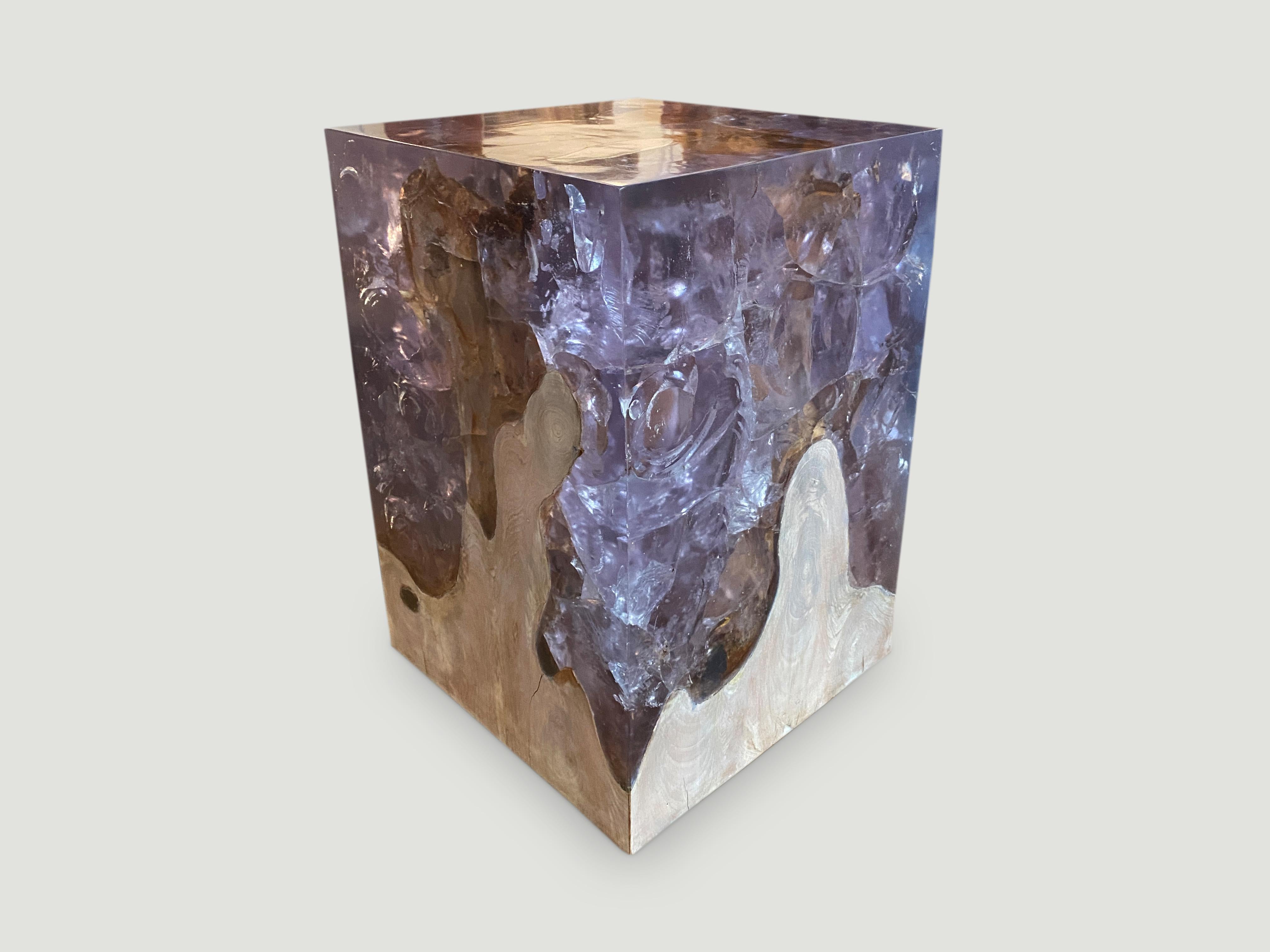Andrianna Shamaris Ice Blue Cracked Resin and Teak Wood Side Table In Excellent Condition In New York, NY