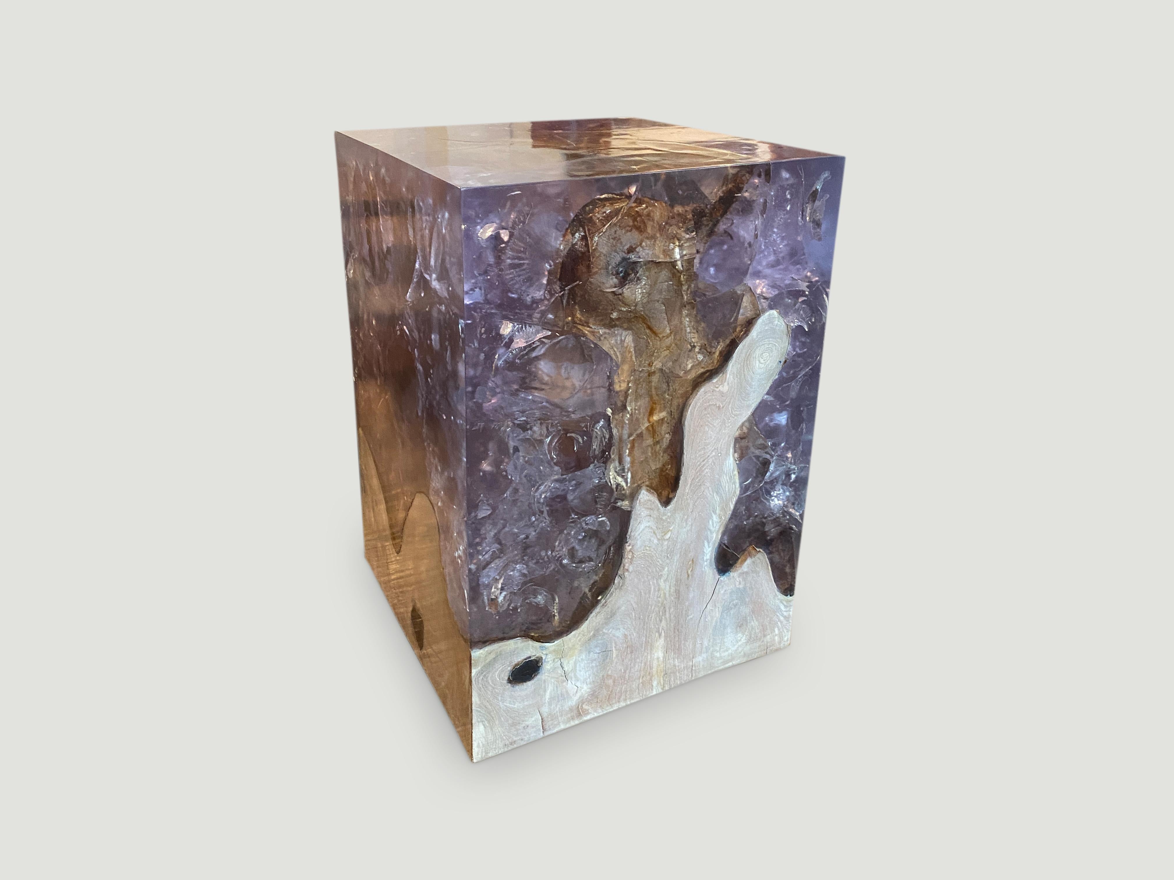 Andrianna Shamaris Ice Blue Cracked Resin and Teak Wood Side Table For Sale 1