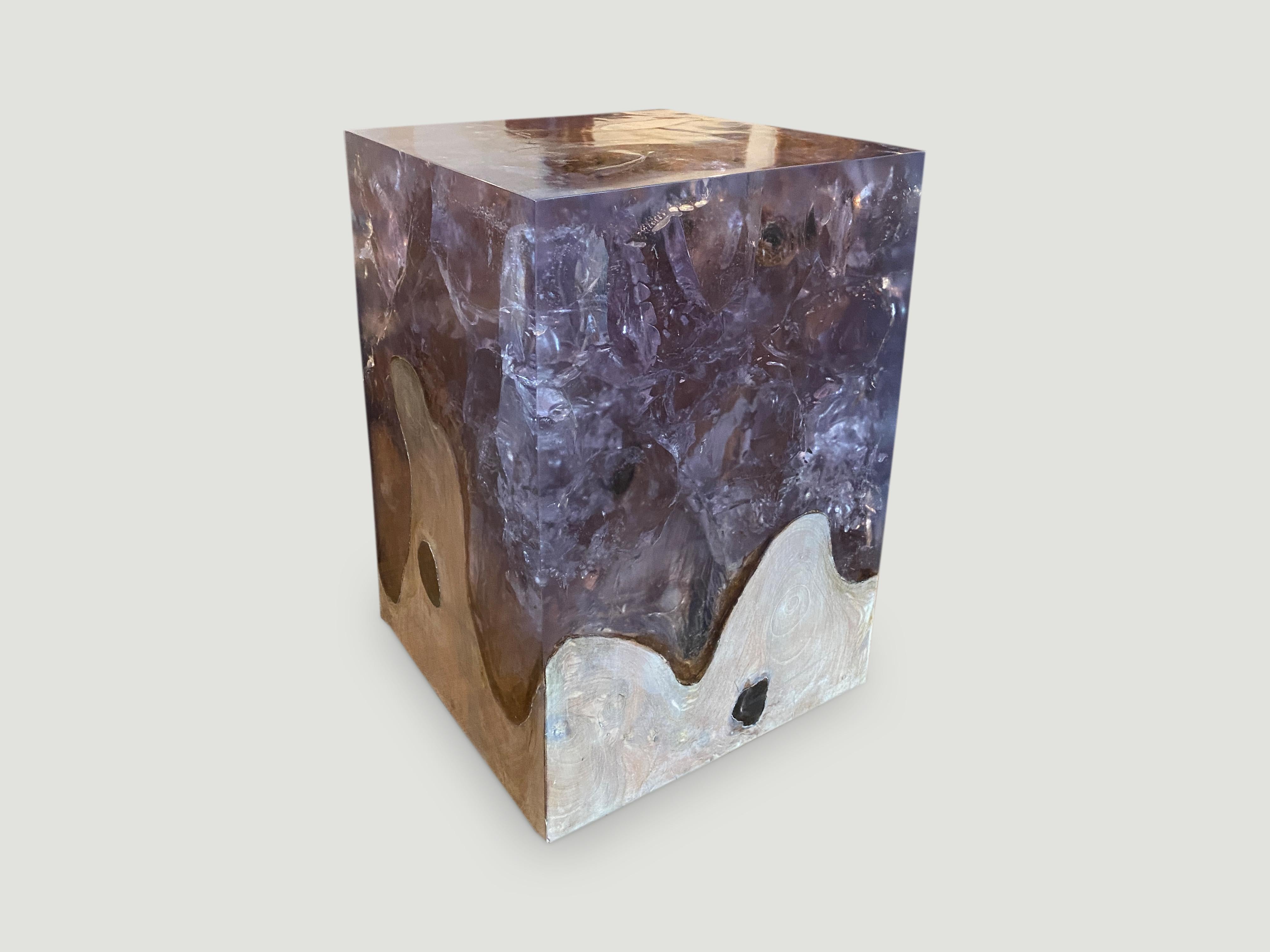 Andrianna Shamaris Ice Blue Cracked Resin and Teak Wood Side Table For Sale 2