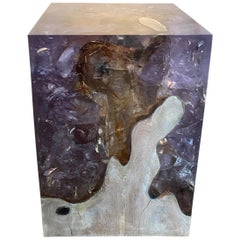 Andrianna Shamaris Ice Blue Cracked Resin and Teak Wood Side Table