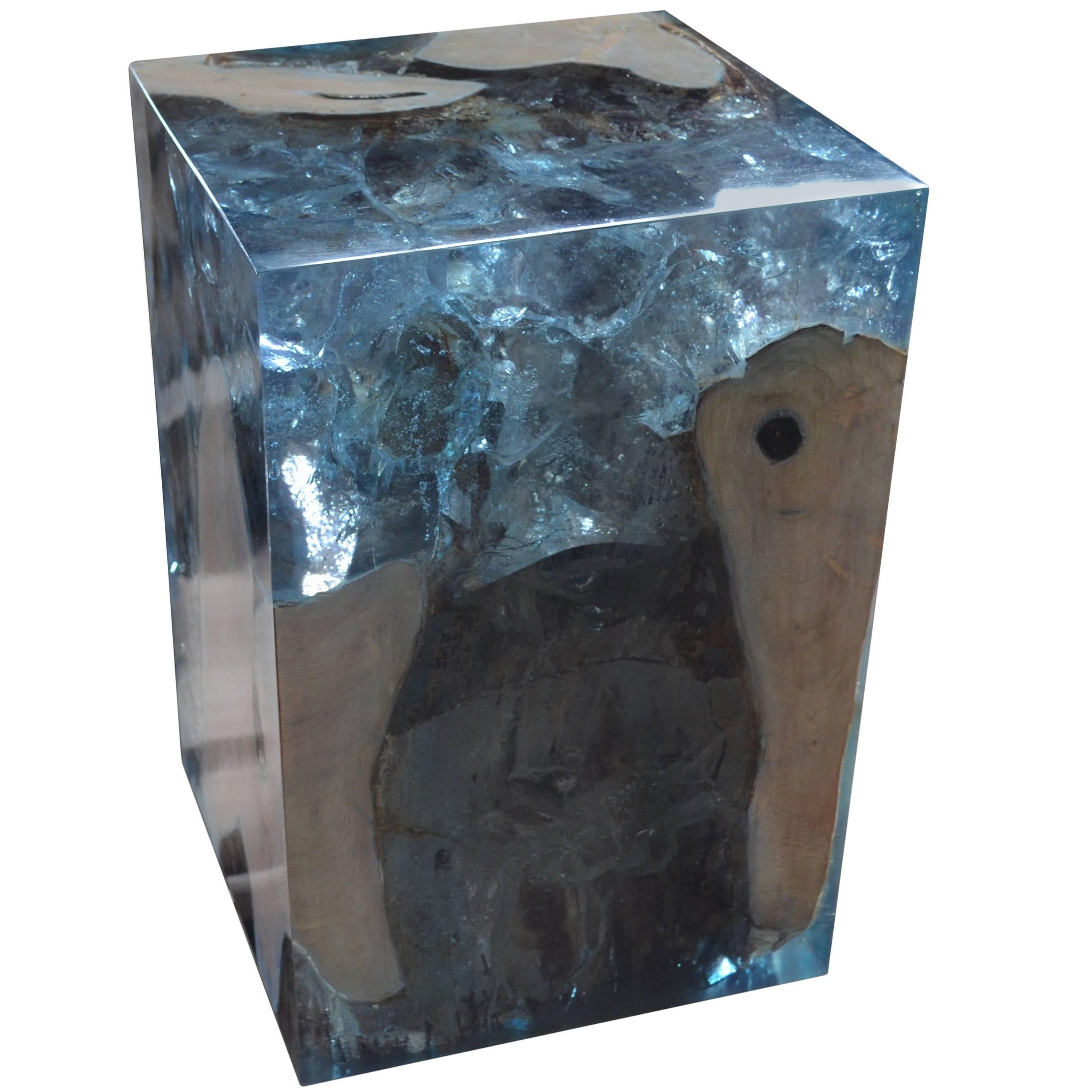 Andrianna Shamaris Ice Blue Cracked Resin and Teak Wood Side Table