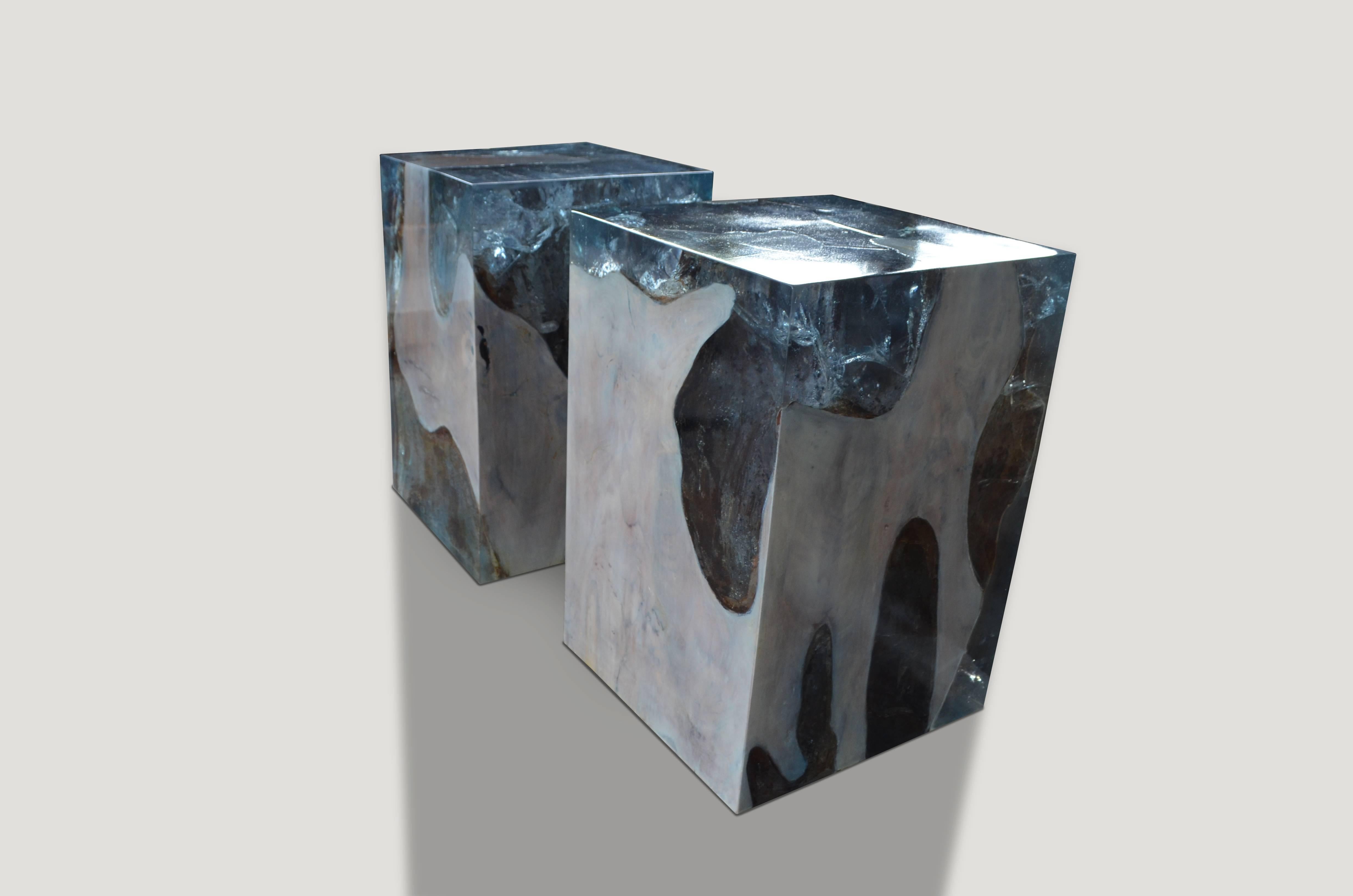 Organic Modern Andrianna Shamaris Ice Blue Cracked Resin and Teak Wood Side Table For Sale